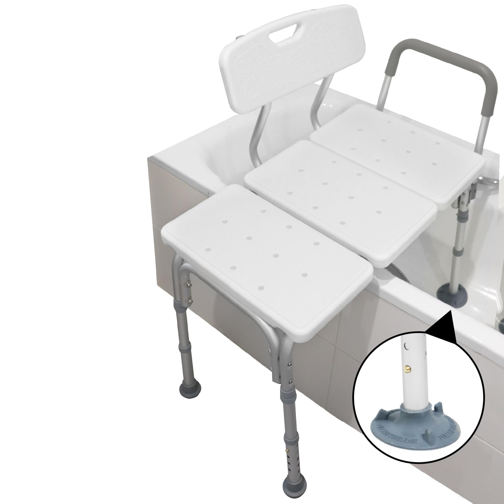 Pepe Mobility Bathtub Transfer Shower Bench with Arms & Back Rest | Height Adjustable Aluminum Bench with Drainage Holes | Anti-Slip Rubber Pads for Safety