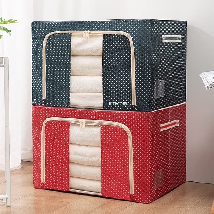 JHEPCOIN Fabric Rectangular Collapsible Foldable Box Wardrobe Storage Organizer Bag with Steel Frame - Pack of 2 (Multicolor, Standard, 66L)