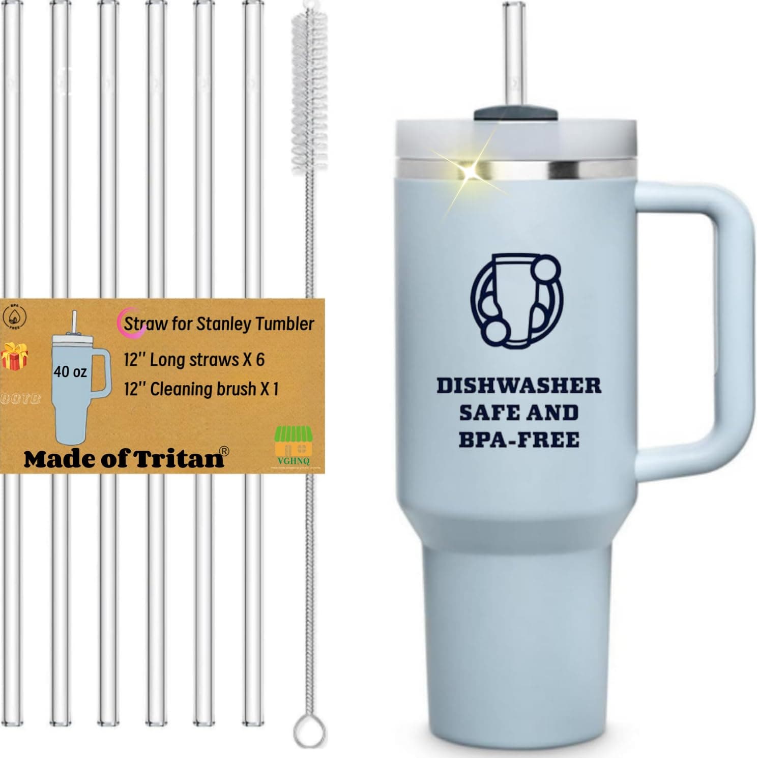 Straw Replacement for Stanley Cup 40/30 oz, 12 inch Tritan Extra Long Straws for Stanley Tumbler, 6 Pack Reusable BPA-free Straws w/1 Cleaning Brush, Dishwasher Safe Drinking Accessories, Clear