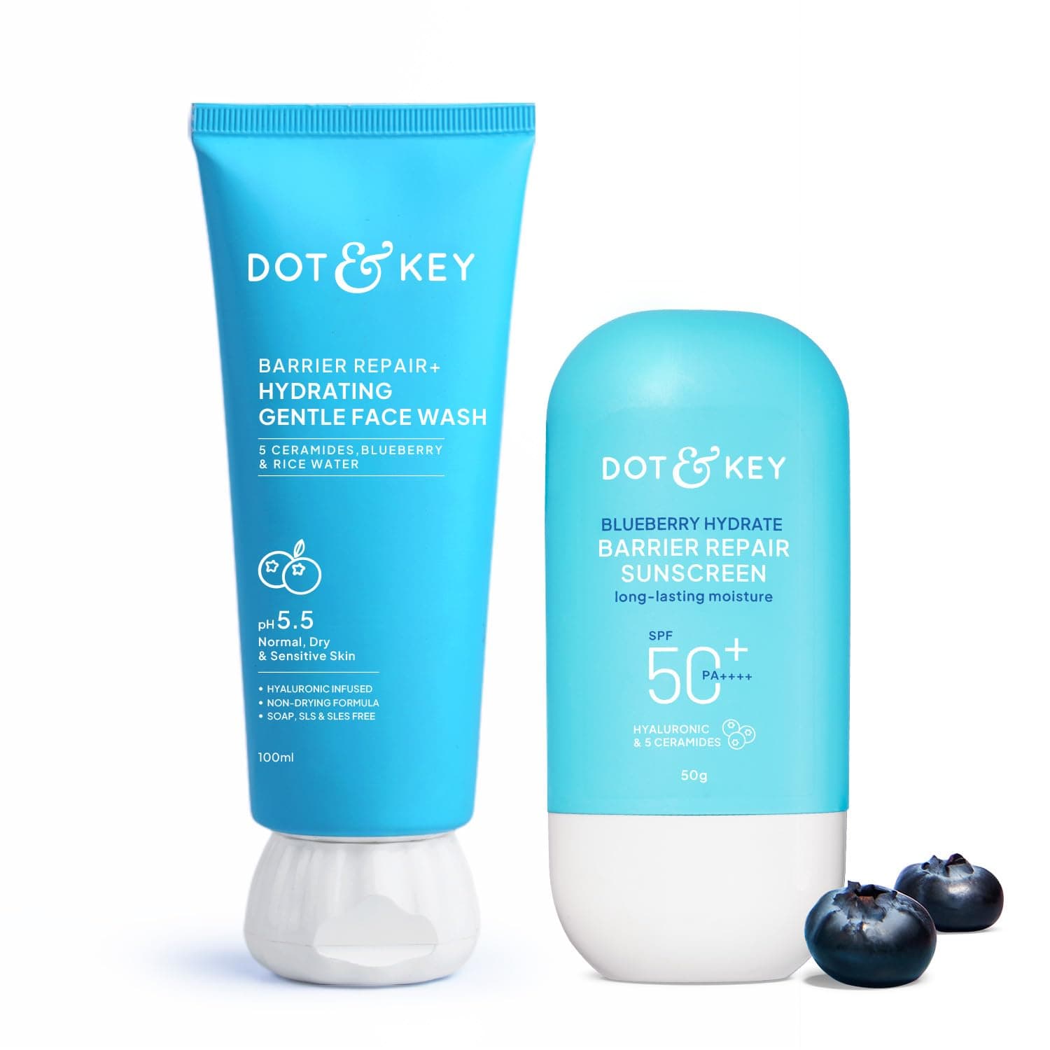 Dot & Key Barrier Repair + Hydrating Gentle Face Wash 100ml & Dot & Key Blueberry Hydrate Barrier Repair Sunscreen SPF 50+ PA++++ 50g | Skin Care Combo | For Dry & Sensitive Skin | For Women & Men