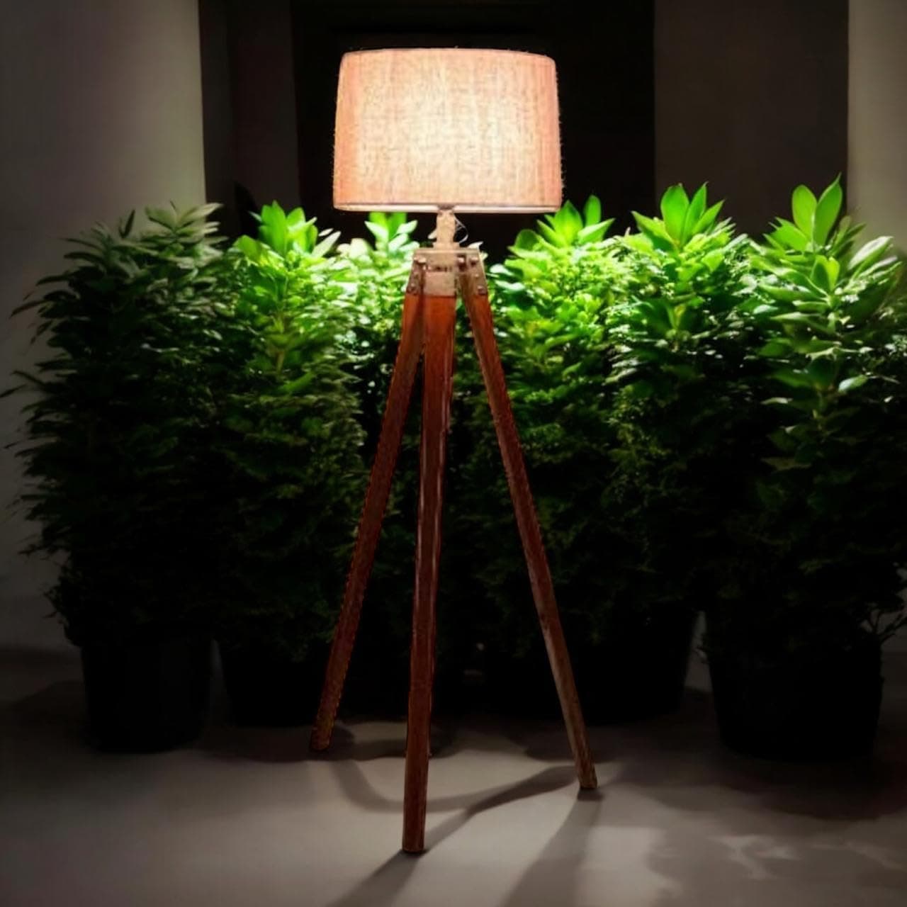 Overseas MART Wooden Tripod Floor Lamp with Brown Fabric Shade | Decorative Standing Lamp for Living Room, Bedroom & Office | Modern Ambient Lighting Fixture – Pack of 1