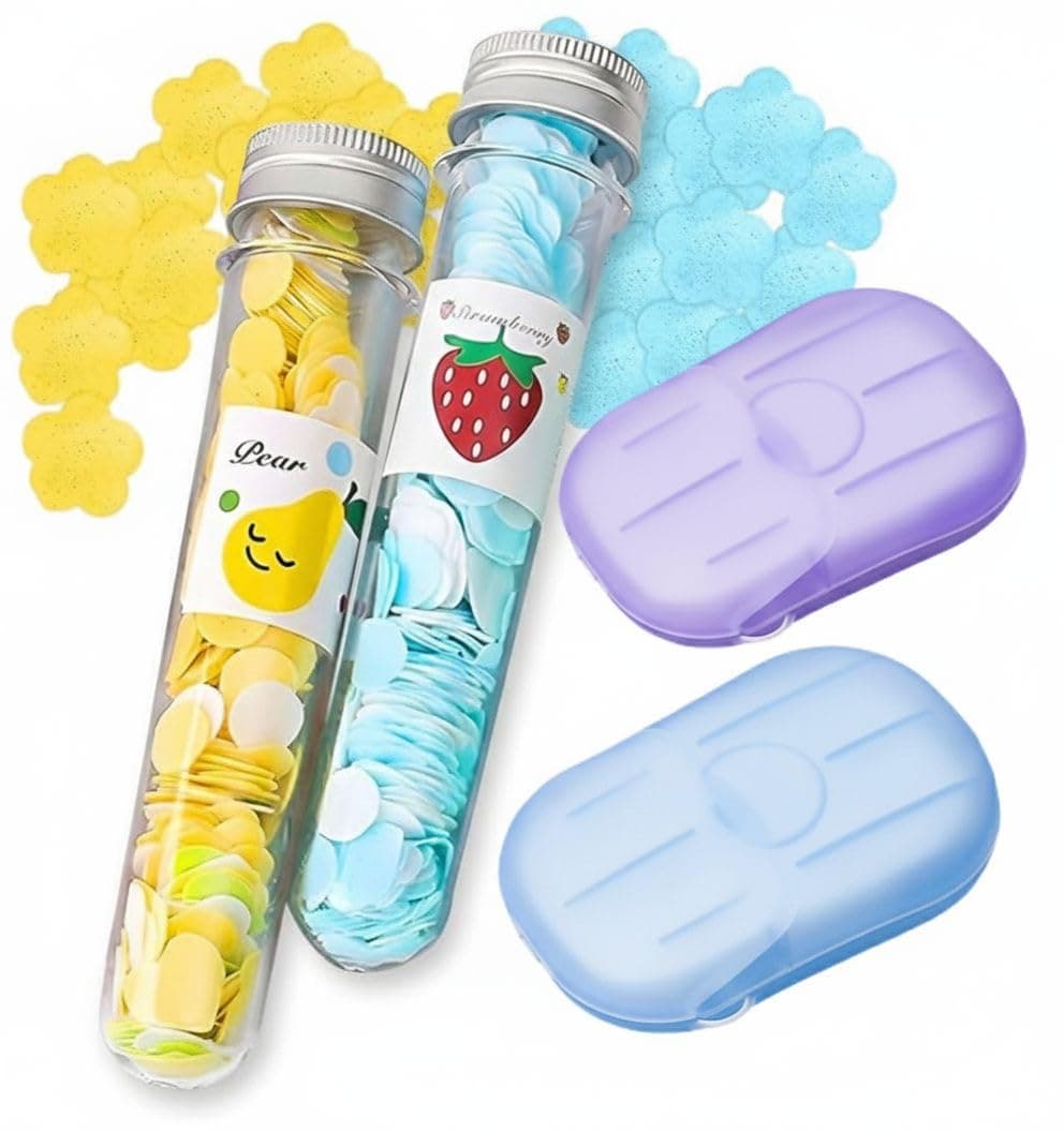 ETSAP Portable Paper Soap Travel Combo - 2 Test Tubes Flower Soap Flakes & 2 Cases Scented Soap Strips - Mini Disposable Hand Wash Sheets for Outdoor, School & Camping (Pack of 4, Multicolor)