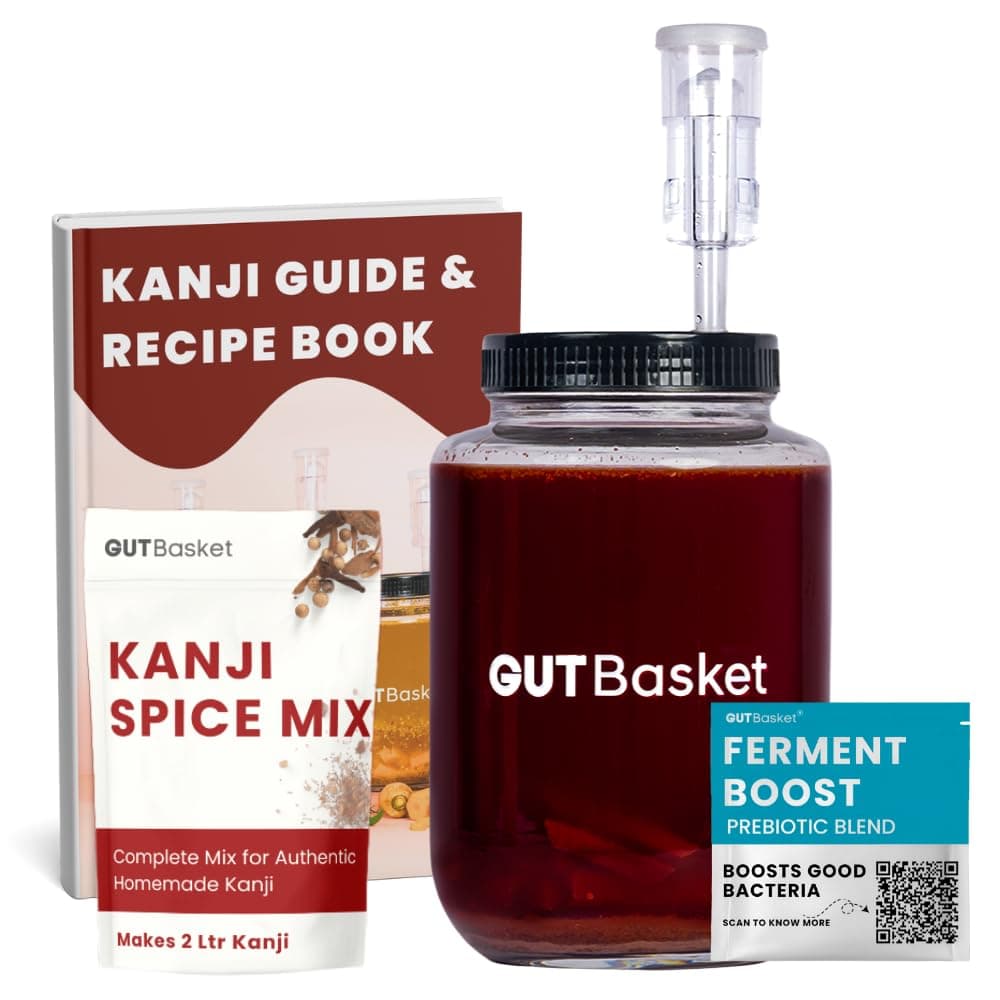 Gutbasket Kanji Jar Kit | 2L Glass Fermentation Jar with Airlock, Kanji Mix, Lid, Recipe Book & Sea Salt | Ferment Authentic Kanji for Immunity & Gut Health