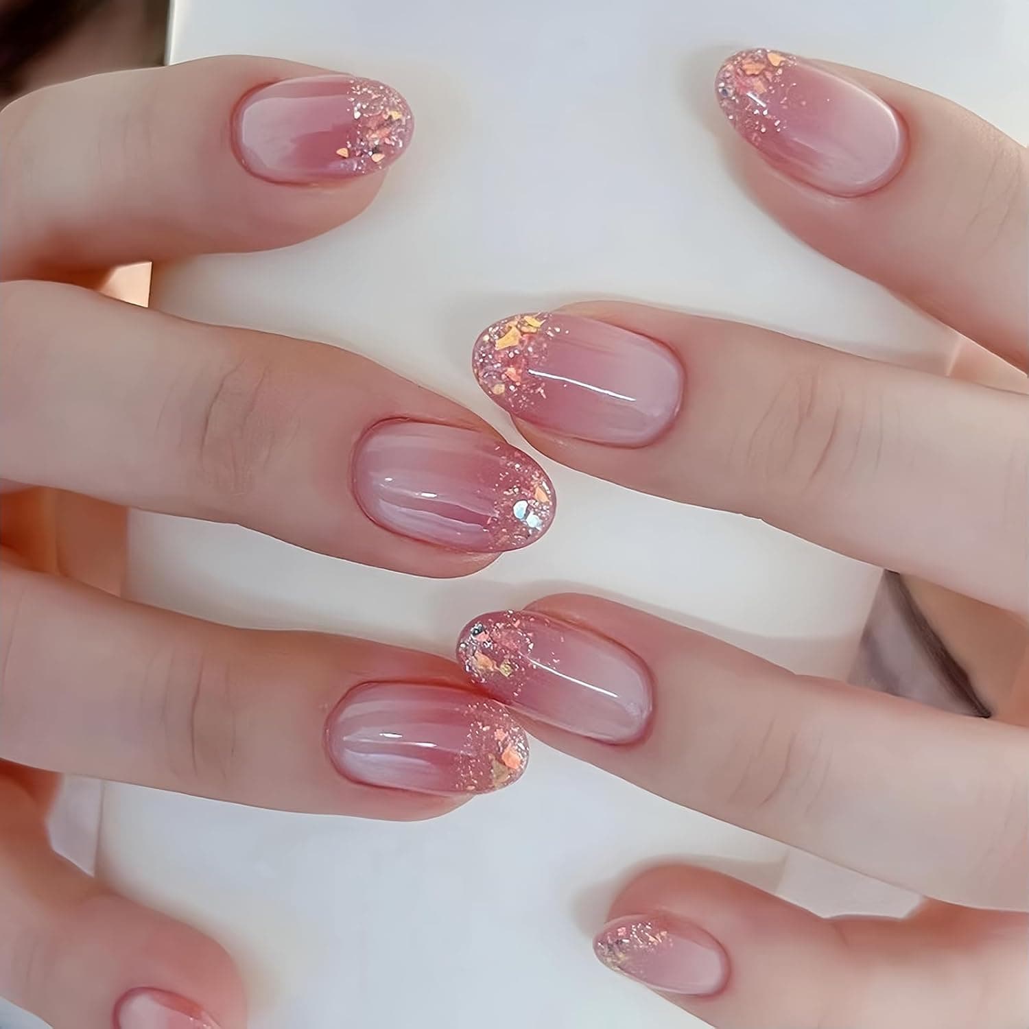 Kriga 24 Reusable Artificial Fake Nail Set| Pink Gradient Glitter Design Glossy Nails| Lightweight & Long Lasting| Quick Fix For Festivals & Special Occasions