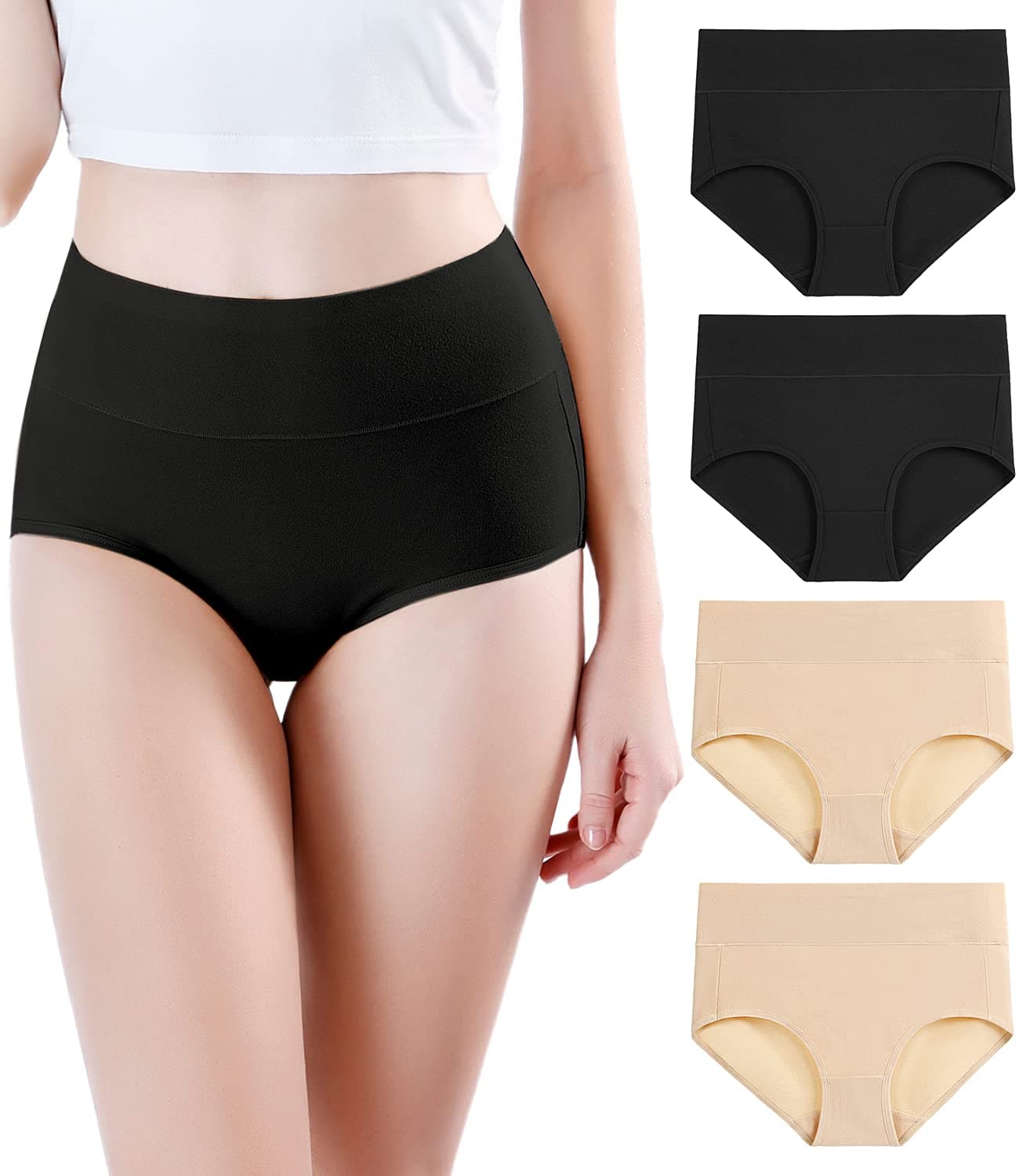 wirarpa Women's Ultra Soft High Waist Bamboo Modal Underwear Panties Multipack, Black Beige-4 Pack, Medium