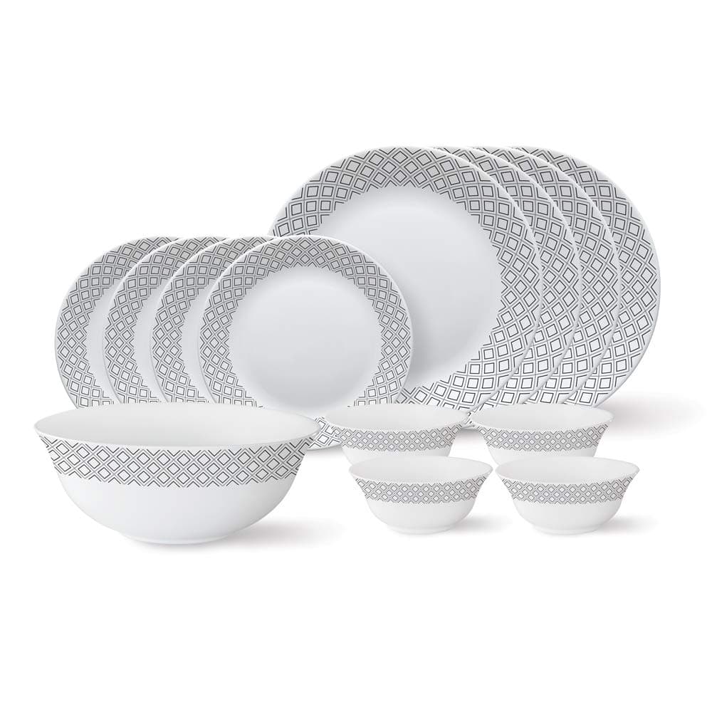 Larah by Borosil - Tiara Series, Black Grey Cone, 13 Pcs, Opalware Dinner Set, White
