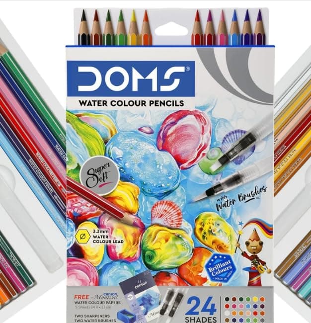 Doms Super Soft Hexagonal Pre-Sharpened Water Soluble 24 Shaes Colour Pencils | Free 5 Watercolor Paper, 2 Sharpeners & 2 Water Brushes | Can Be Use For Tattoos Making|Pack Of 1, Ink Multicolor