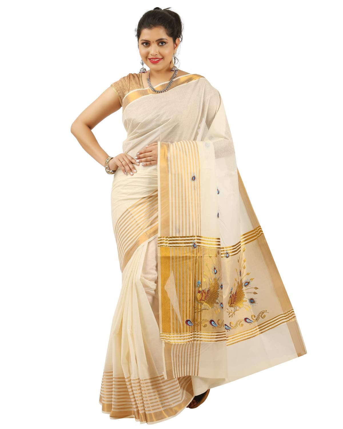 R SELVAMANI TEX Women's Kasavu Cotton Saree With Blouse (Tissue-01_Beige, White)