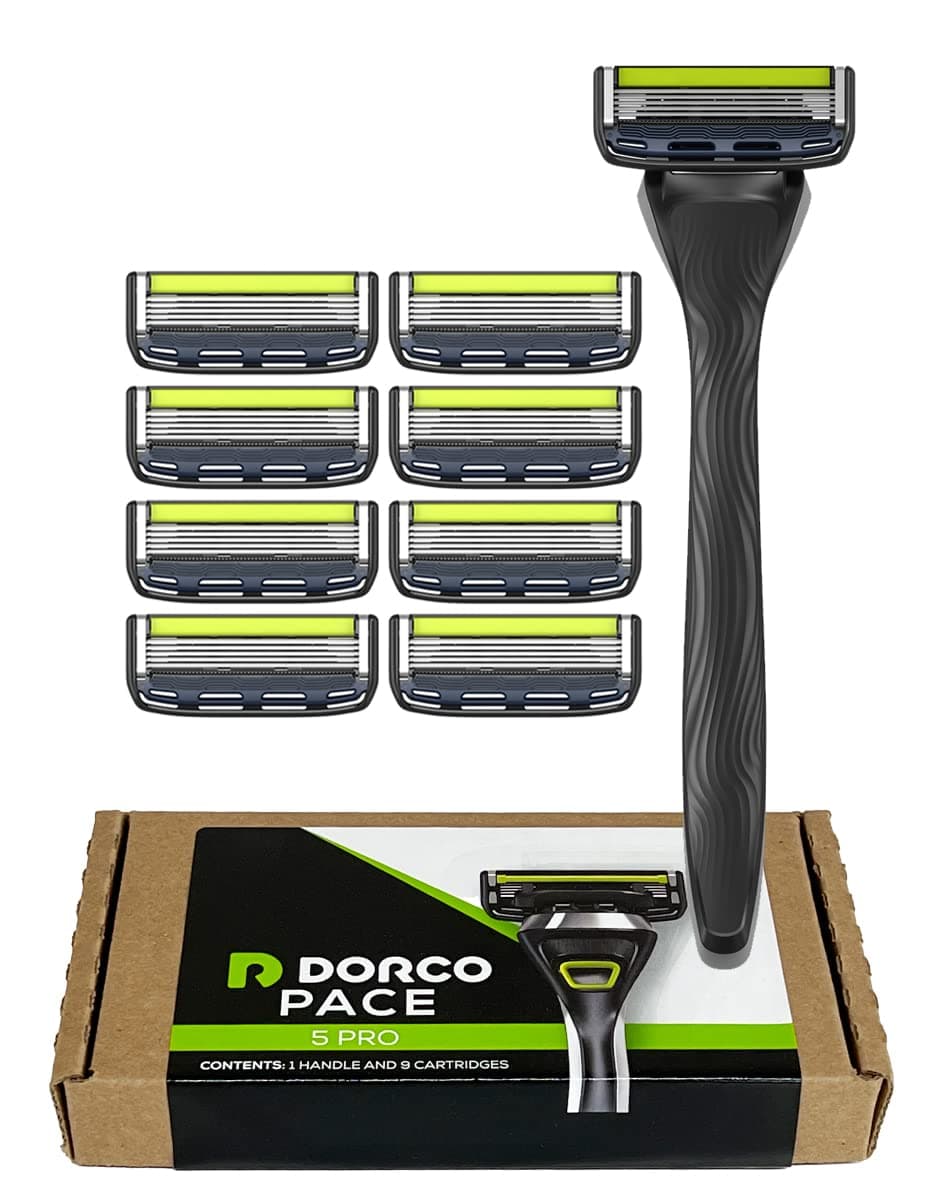 Dorco Pace 5 Pro Razor System for Men - Five Blade Precision Shaving - 1 Handle + 9 Cartridge Set