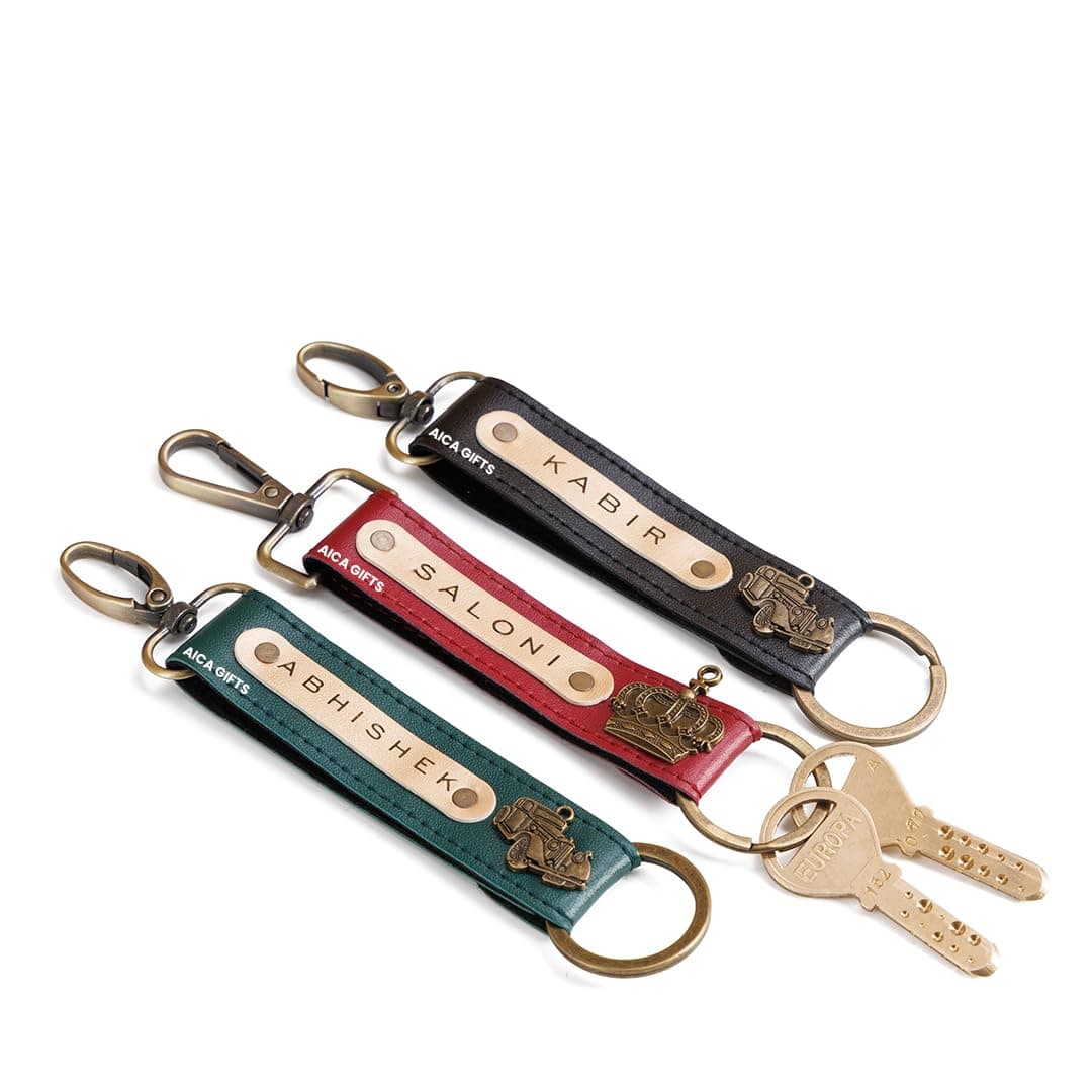 AICA Personalized Name, Color & Charm Leather Keychain – Pack of 3 | Customized Unisex Keychains for Office Bags, Keys, Backpacks, School & College Use | Stylish Keychain for Daily Use Travel Gifting