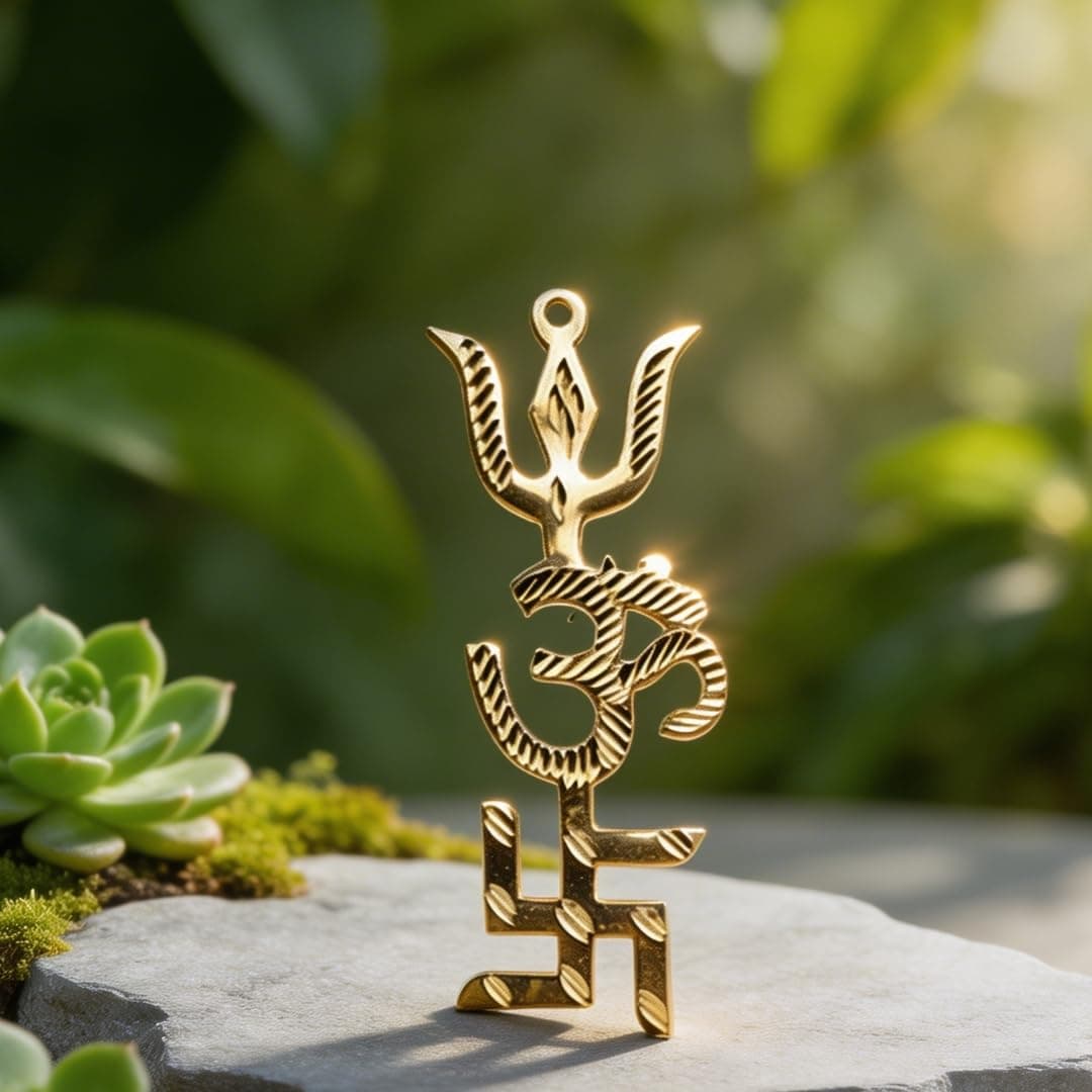 Plus Value Trishakti Yantra Vastu Brass Swastik, Om, Trishul for Home, Office Main Door Protection and Decor, 5 Inch Gold, Positive Energy, Good Luck, Astrology Gift, Entrance Wall Hanging