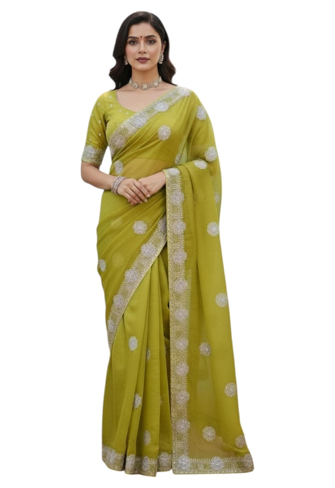 Yashika Women's Yellow Star Georgette Saree with Blouse Piece for Traditional Ethinic Wear Sari-(AZ-YS-OG1-CHATBOT YELLOW-RR)