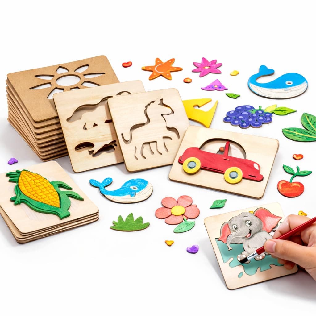 Clapjoy Wooden Stencil Art & Craft Kit for Kids (20 Pieces) | DIY Drawing & Coloring Set with Crayons, Watercolor Pens & Pencil Colors | Art Gift for Boys & Girls Ages 3,4,5,6,7,8,9