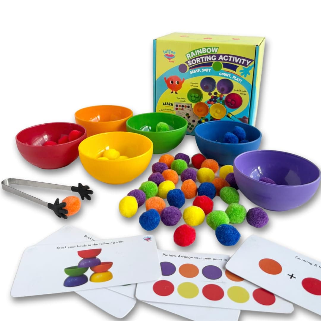 Lattooland Rainbow Sorting Activity Set for Toddlers | Counting Colour Toys for Kids with Tongs and Pom-poms | Color Identification Kit | Learning Montessori | Gift for boys girls age 2 3 4 5 year old