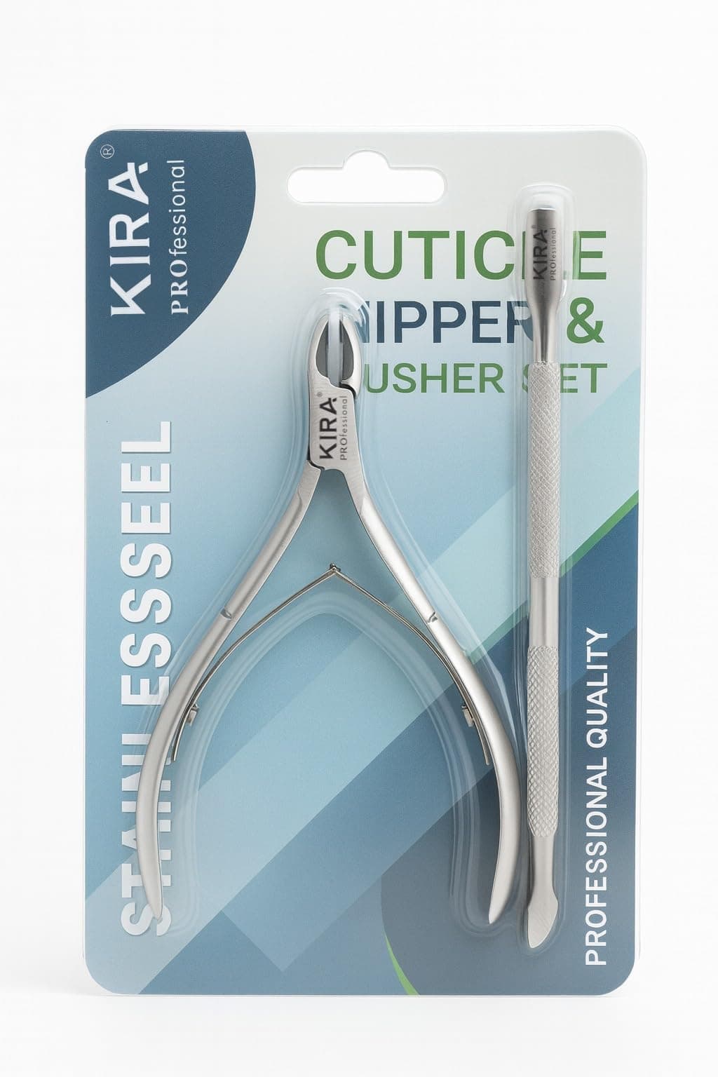 KIRA Professional Stainless Steel Cuticle Nipper and Pusher Set, Premium Nail Care Tools, Sharp and Durable, 2 Piece Manicure Kit