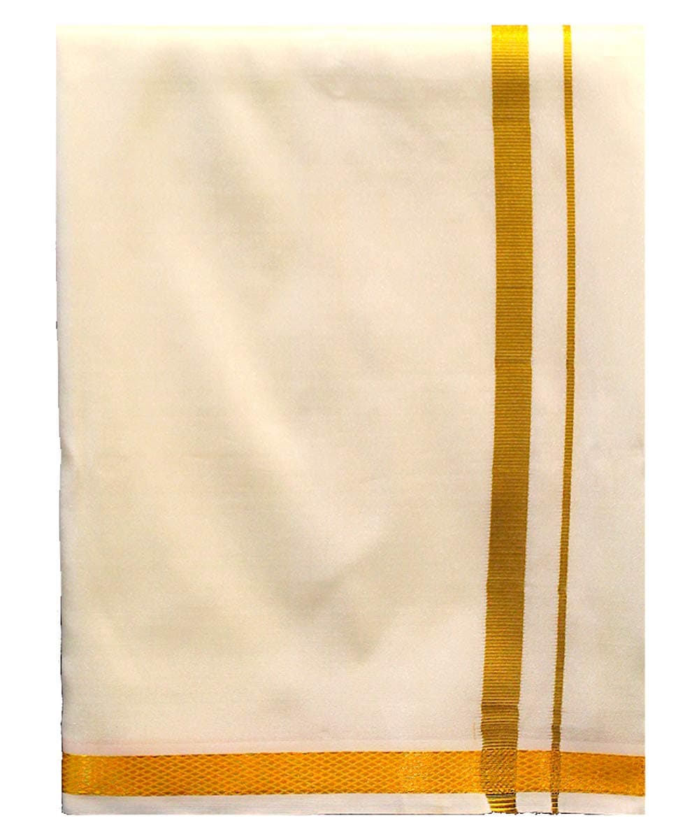 Magic Castle Veshti for men Dhoti Mundu Lungi Silk Blend Pattu Off-White with Gold Border