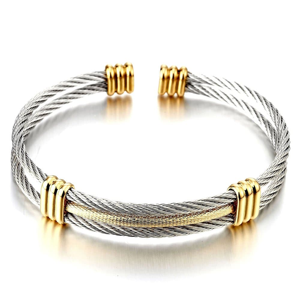 COOLSTEELANDBEYOND Mens Women Stainless Steel Twisted Cable Adjustable Cuff Bangle Bracelet Silver Gold Two Tone