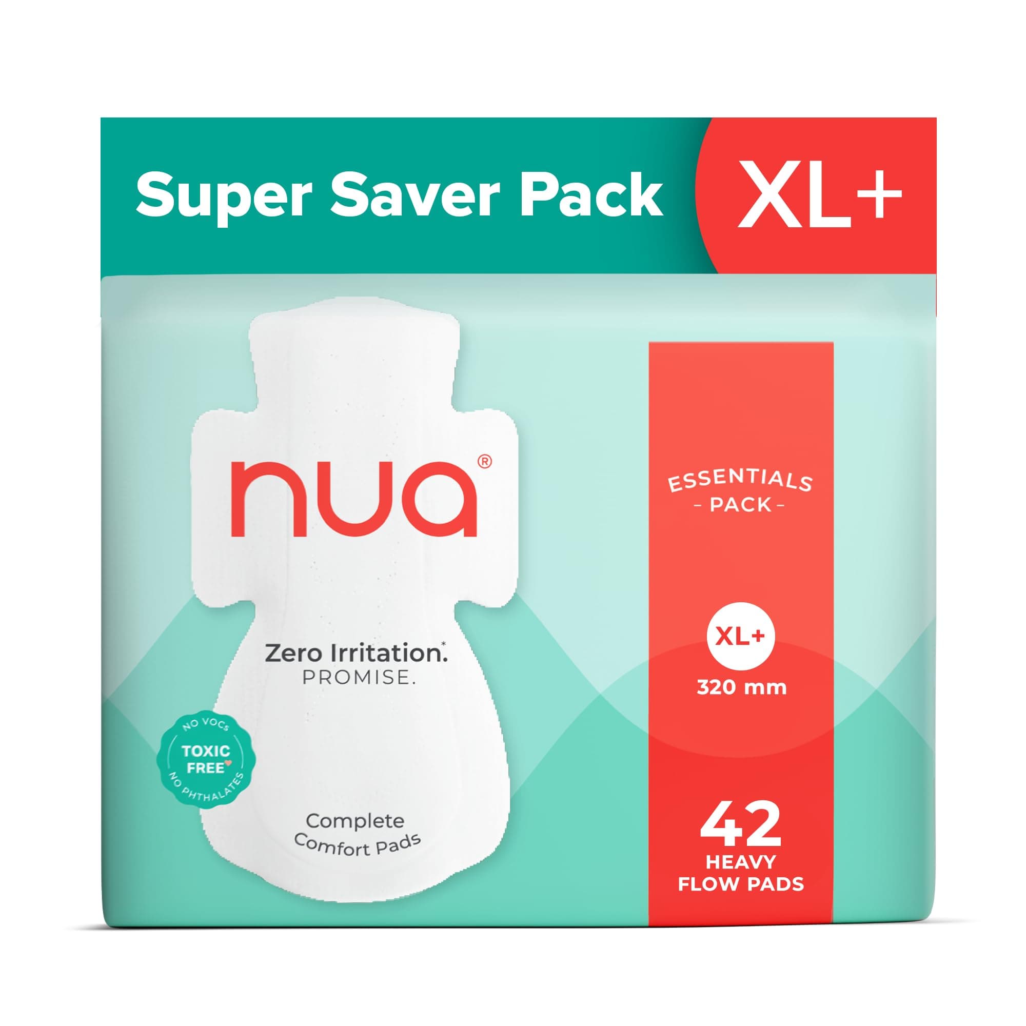 Nua Ultra-Safe Sanitary Pads for Women | SUPER SAVER Pack of 42 | XL+ Heavy Flow Absorbency | Leakproof, Unscented & Toxin-Free | Gentle on Sensitive Skin | Breathable & Rash-Free