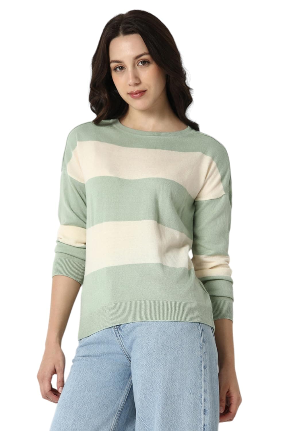 Van Heusen Women's Round Neck Striped Regular Fit Sweater| Full Sleeve Ribbed Hem Casual winterwear