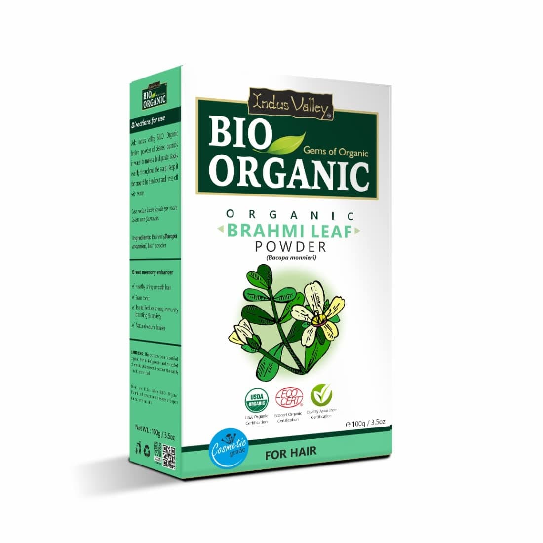 INDUS VALLEY Brahmi Leaf Powder 100g | Natural Ayurvedic Herb for Brain Health, Memory, Focus & Hair Care | Pure Bacopa Monnieri Supplement