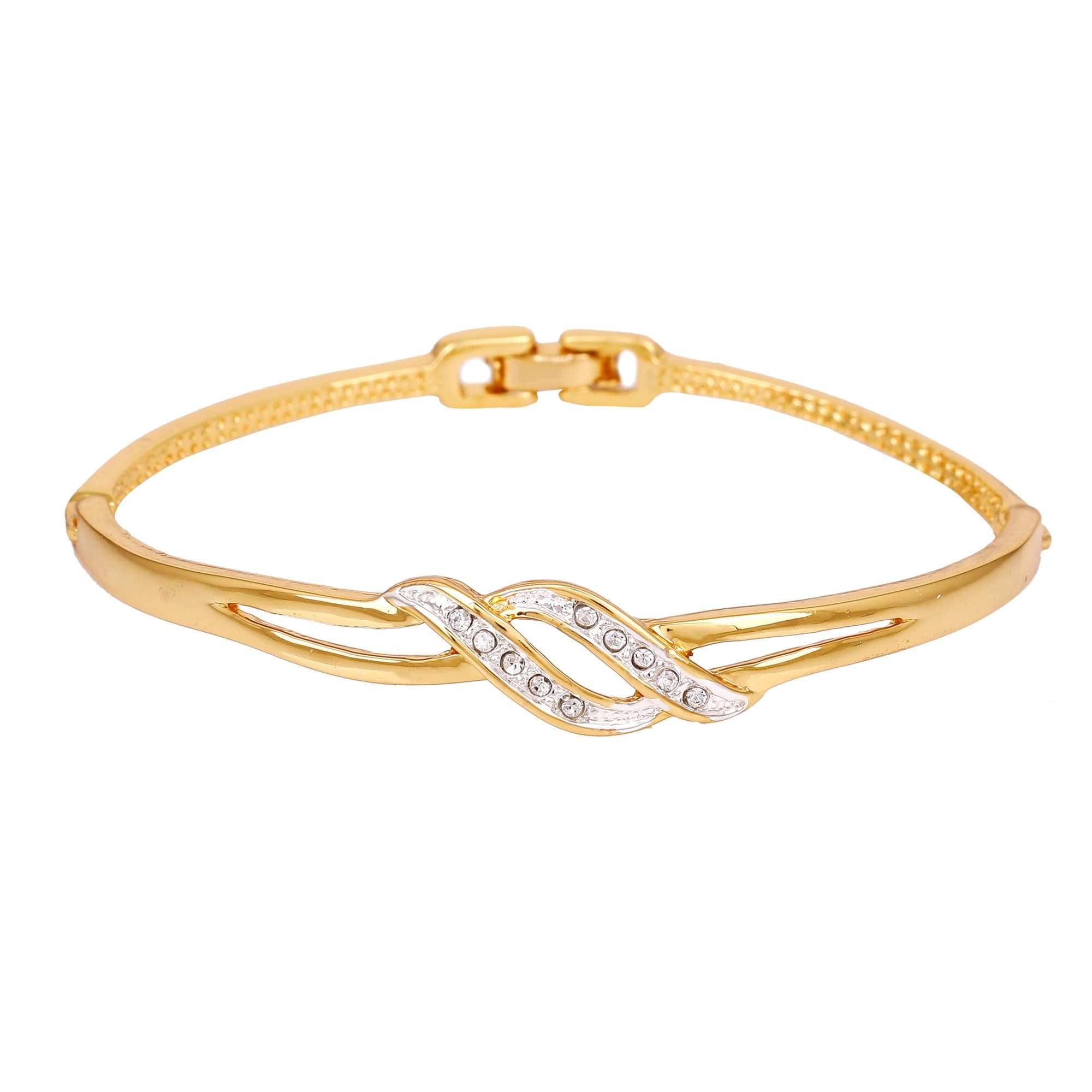 Estele Jewellery Bracelet For Women Gold & Rhodium Plated Wave Designer Twin Line Wrap Cuff Bracelet with White Crystals for Girls and Women-101734-2TNWE BR