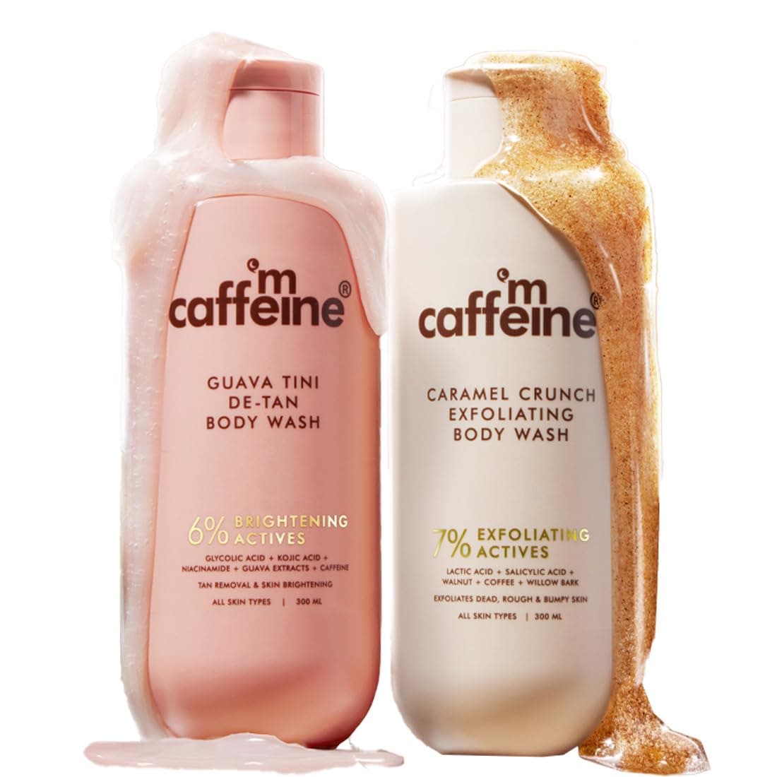mCaffeine De-Tan & Exfoliating Body Washes (Set of 2) | Guava & Caramel Crunch Body Washes (300 ml x 2) | With Niacinamide, Salicylic and Lactic Acid | Brightens & Even Tones | Reduces Body Acne |