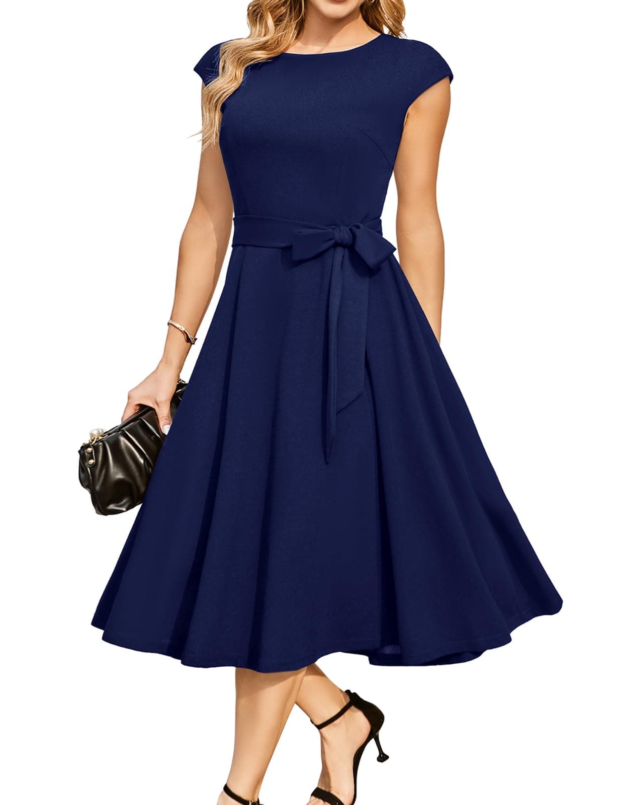 DRESSTELLS Women's Cocktail Dresses, Formal Wedding Guest Church Dress, Navy, Large