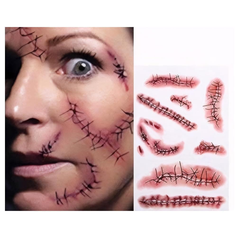 Tinuos Horror Realistic Fake Bloody Wound Stitch Scar Scab Waterproof Temporary Tattoo Sticker Halloween Masquerade Prank Makeup Props-5PC