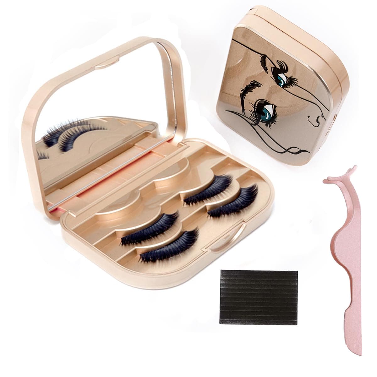 YiQiYi Cosmetic Case Empty Eyelashes Storage Case with Makeup Mirror Holder Box Fake Eyelash Packing Travel Storage Case Eyelashes Bag(Gold)