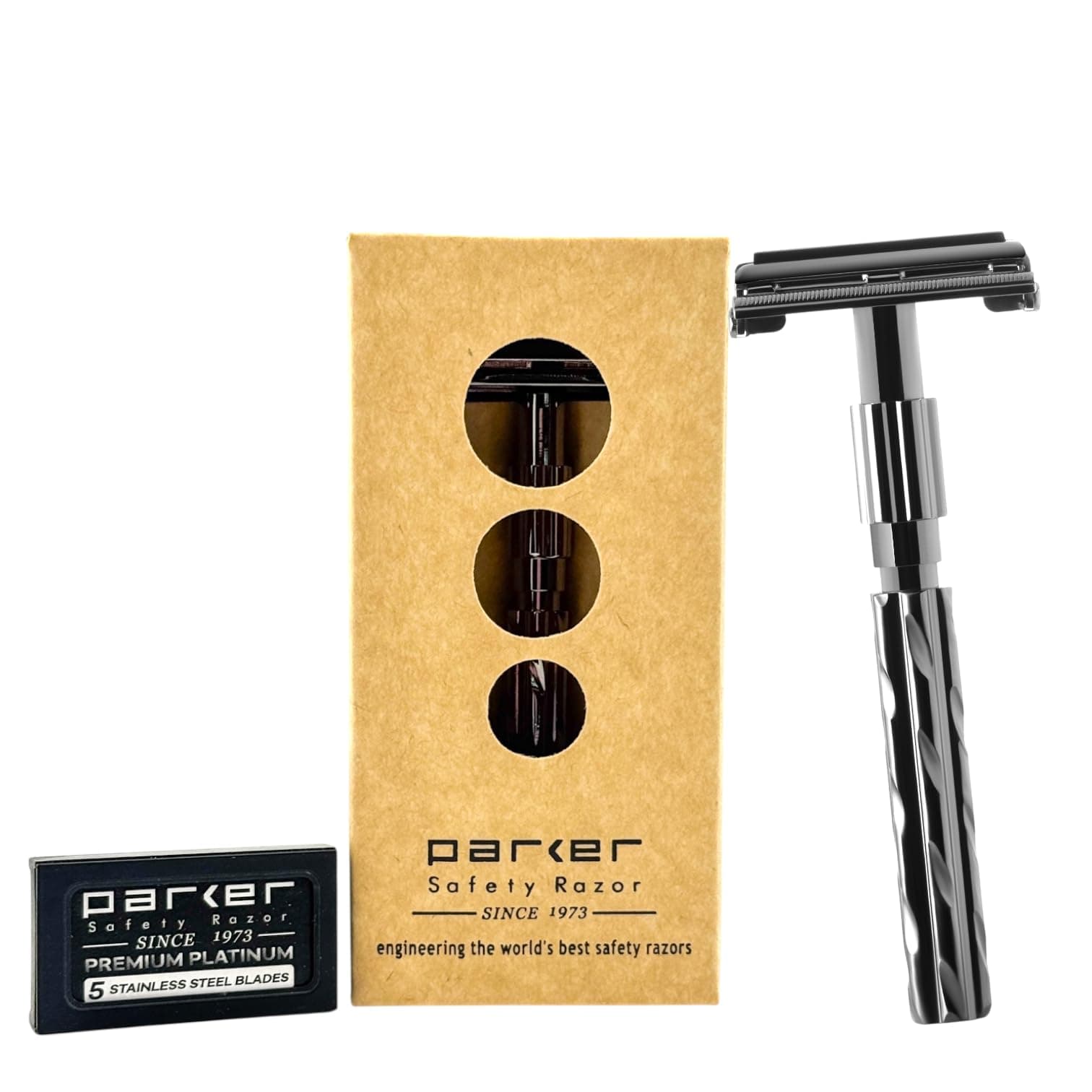PARKER Safety Razor Unisex 22R - Gunmetal Finish Butterfly Open Safety Razor And 5 Parker Razor Blades Metallic