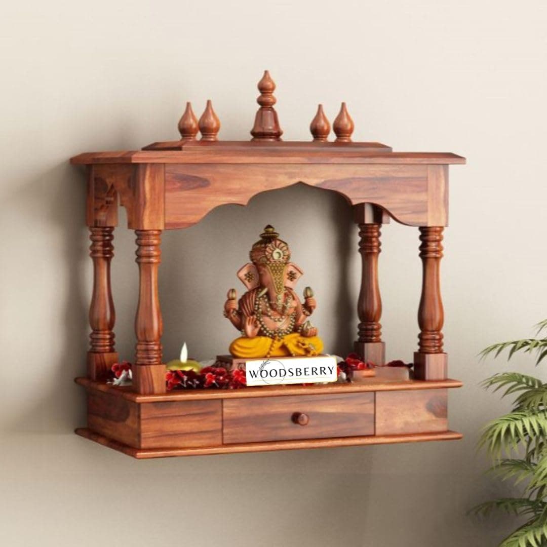 WOODSBERRY Sheesham Wood Pooja Mandir for Home | Solid Wooden Temple for Puja Room | Pooja Ghar Furniture (Walnut)