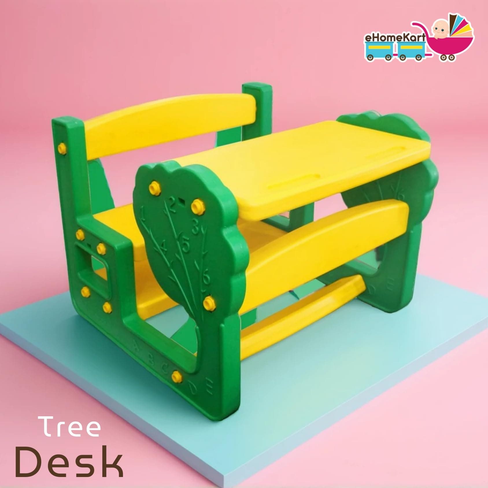 eHomeKart School Activity Study Desk For Kids-Playgro Tree Dual Seater Plastic Study Table And Chair-Dimensions-L30 X B30 X H23 (Inches)-Perfect Study Table And Bench For Home And Schools,Multicolor