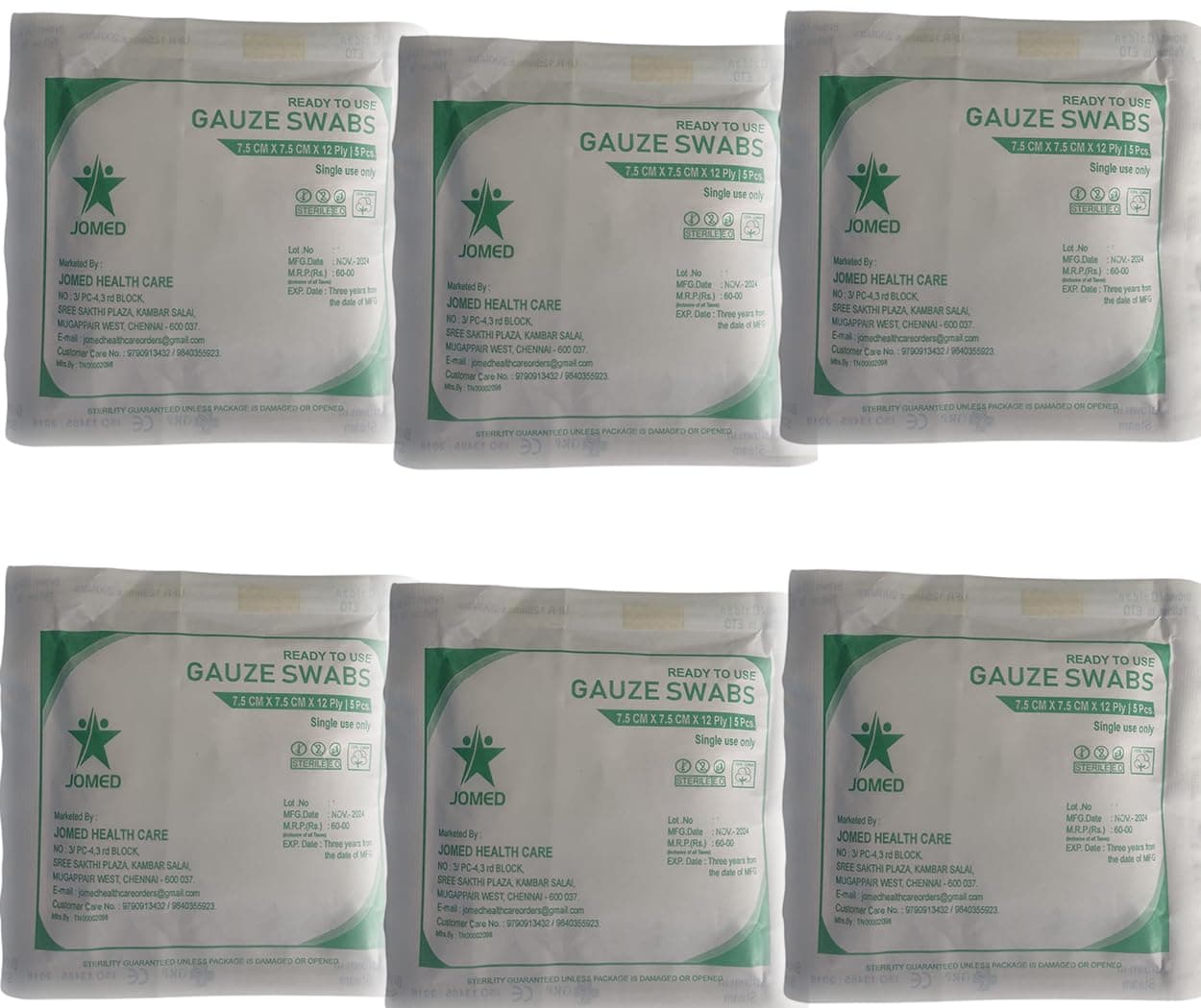 JOMED - Sterile Gauze swabs 7.5cm x7.5cm x 12ply (5pcs per pouch) - 15 pouch