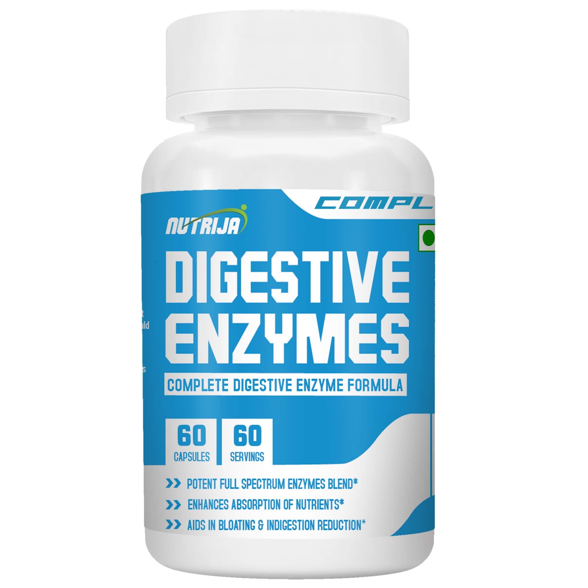 NutriJa Complete Digestive Enzymes | Full Spectrum Enzyme Blend with Protease, Amylase, Lipase, Papain, Betaine HCL & BioPerine | 60 Capsules