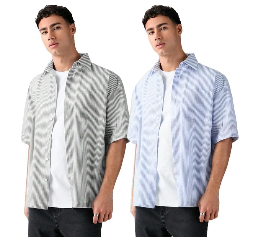 Lymio Shirt for Men || Loose Fit Stylish Shirt for Men || Available in Pack of 2 (Oxford-Lining-Black-Sky-Blue-S)