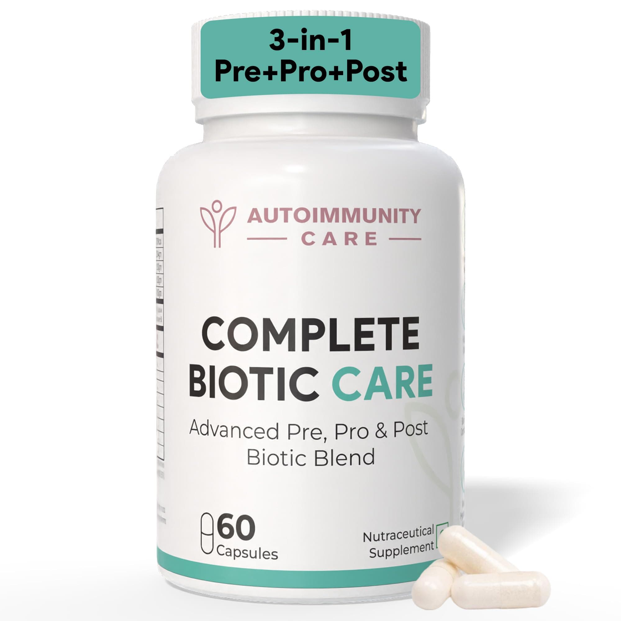Autoimmunity Care Complete Biotic Care – 3-in-1 Pre Pro & Post Biotic Supplement | Prebiotics + Probiotics Supplement with Postbiotics, for Women & Men | Digestion Improve Supplement, Gut & Immunity | 60 Caps (30 dose)