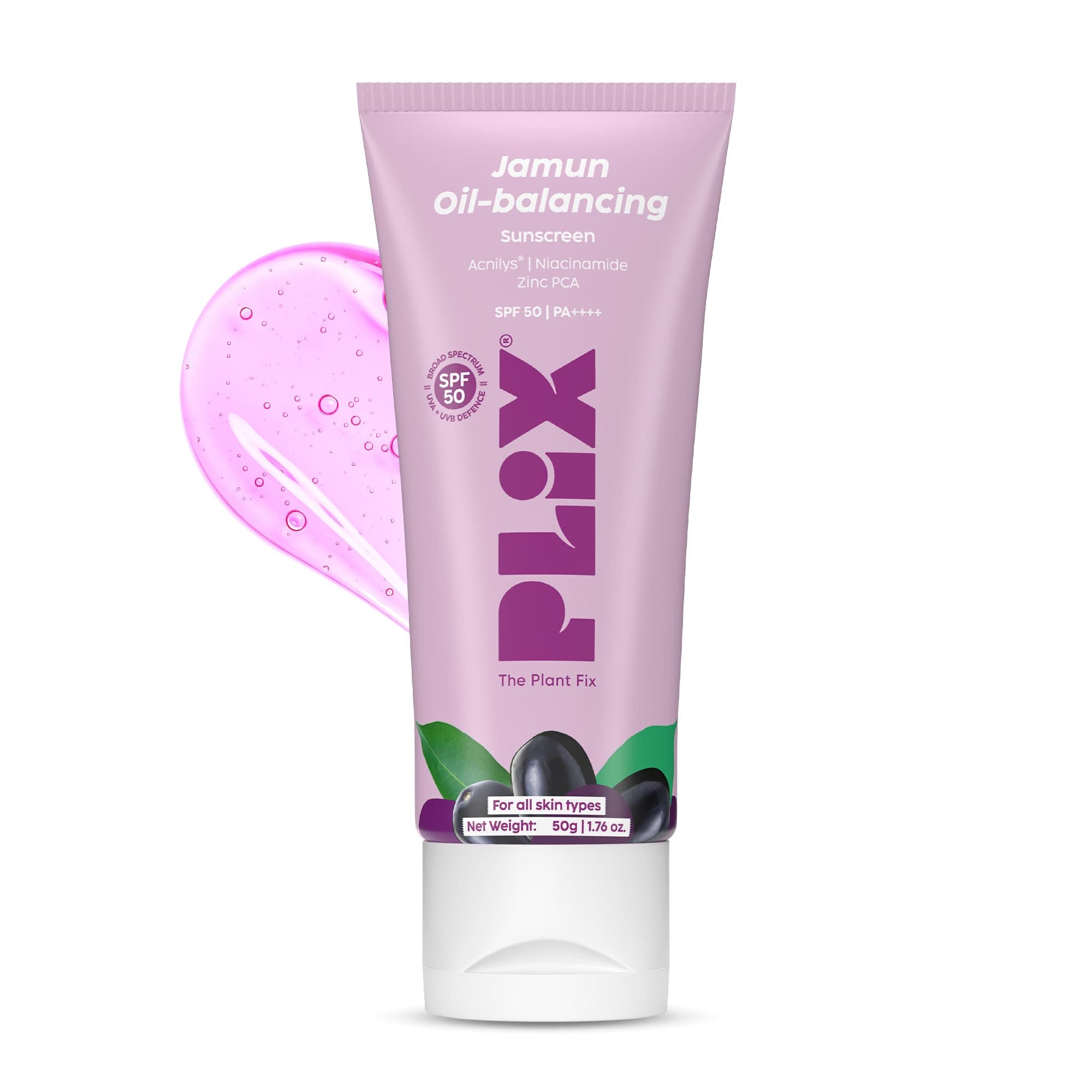 Plix Jamun Oil-Balancing Sunscreen With SPF 50 | ACNILYS, Niacinamide & Zinc PCA | Lightweight & Non-Greasy | Everyday Sun Protection | Oily & Acne-Prone Skin