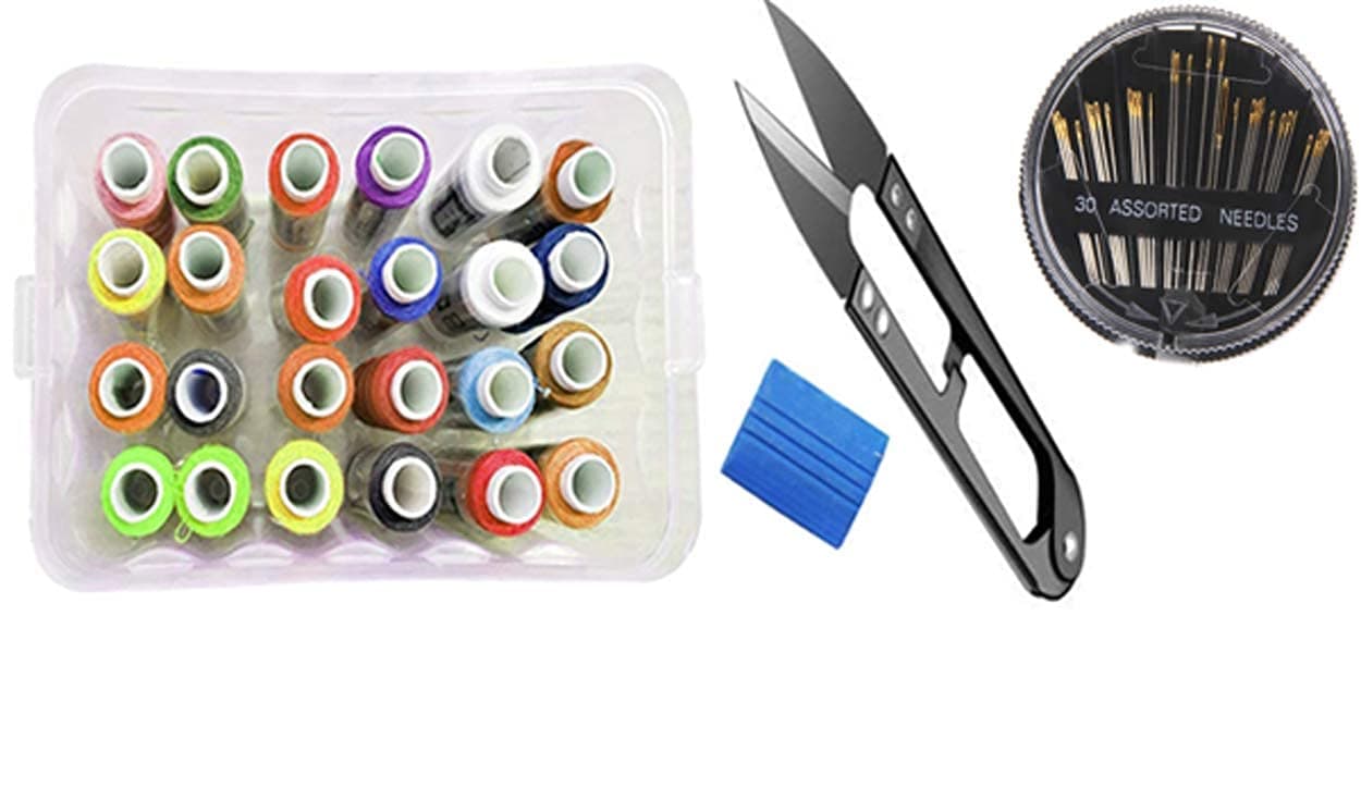 ikis Sewing Kit - 5 in 1-24 Assorted Polyester Spool Stitching Thread & Accessory Storage Box (Muticolour) / Thread Cutter/Needle/Chalk Sewing Box with Thread Cutter, Chalk, Needle