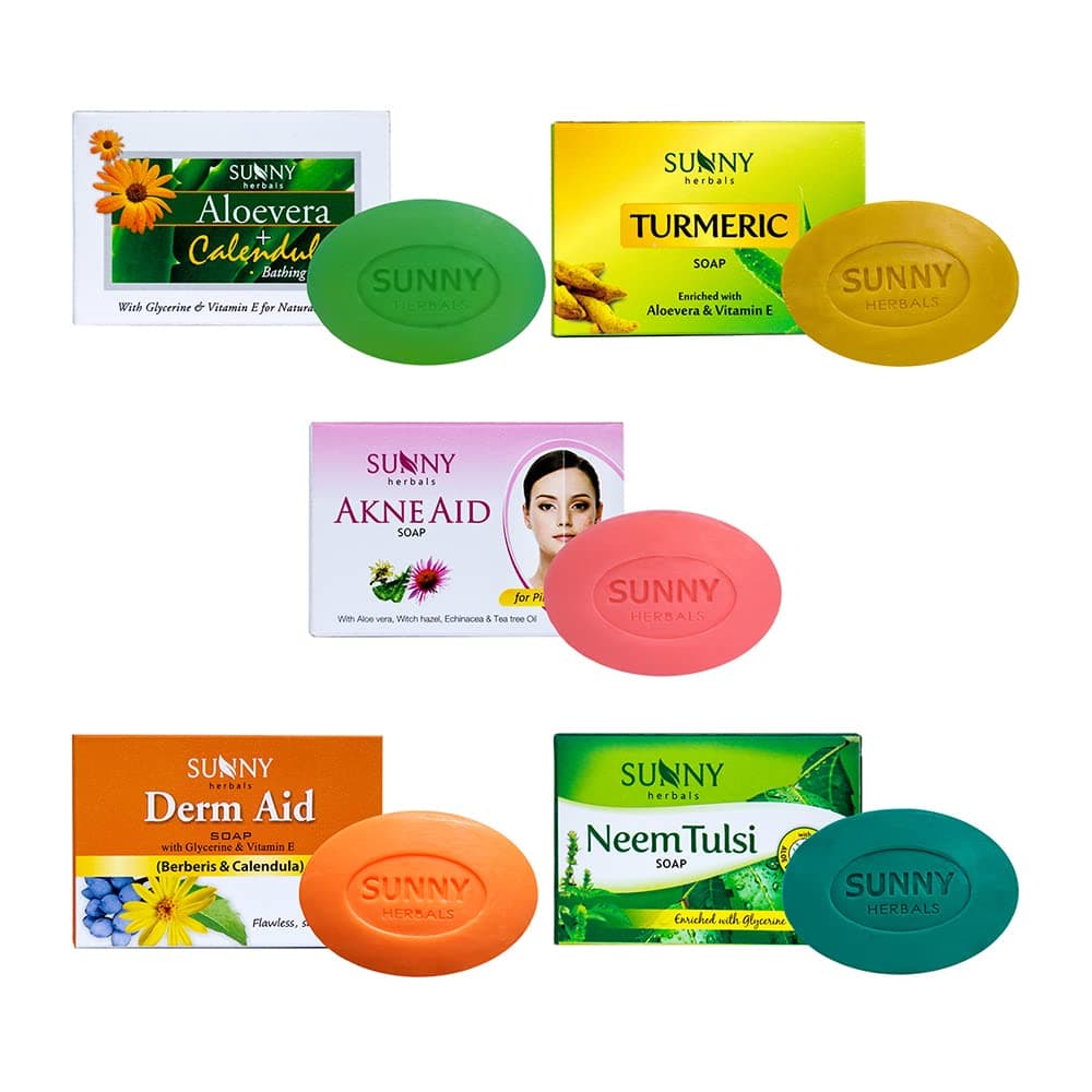 Sunny Jumbo Soap Pack (Akne Aid, Derm Aid, Neem Tulsi, Turmeric and Aloevera Calendula Bathing Soaps) For Men & Women (5 * 75gm)