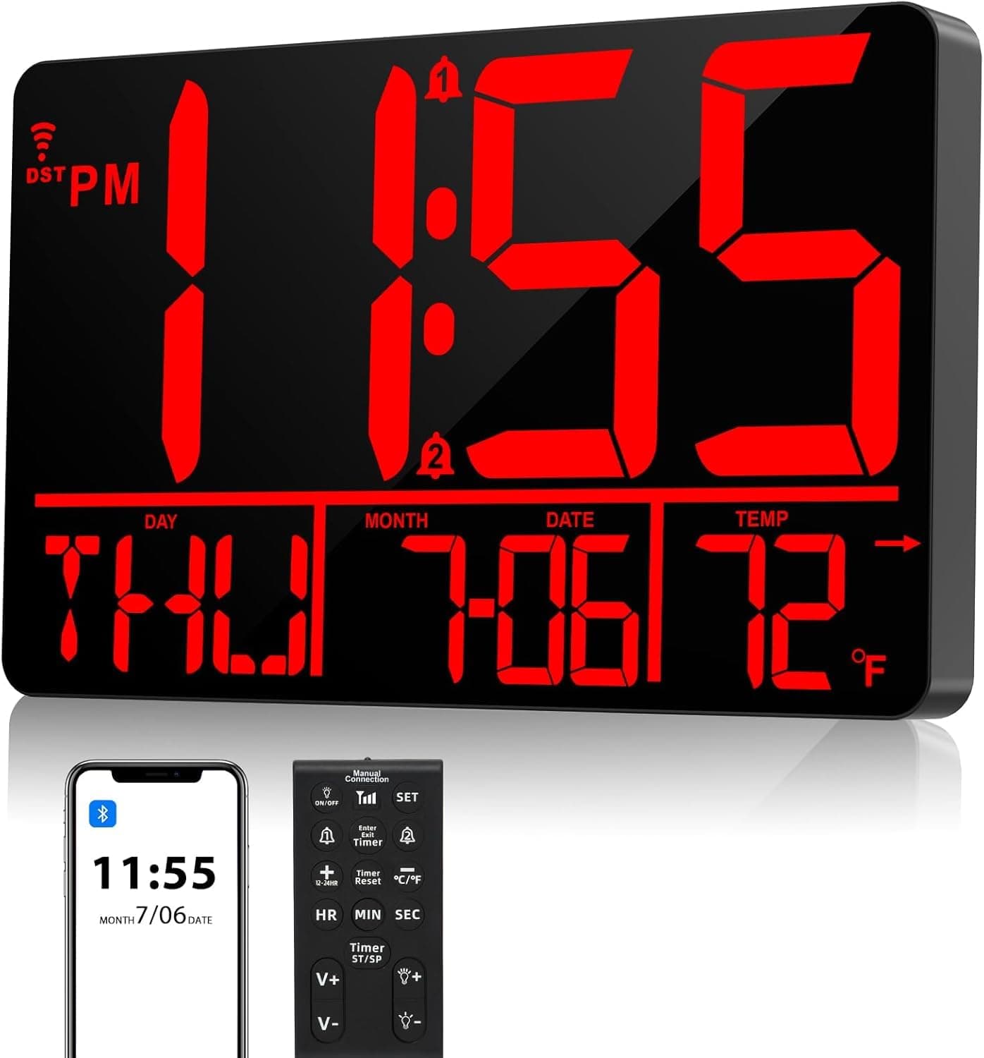 tawiliysy 13" Large LED Digital Wall Clock with Remote, Bluetooth Sync Time, 25 Ringtones, Temperature, Date and Day of Week, Dual Alarm, Auto Brightness, DST, 12/24H, for Living Room Decor, Gift