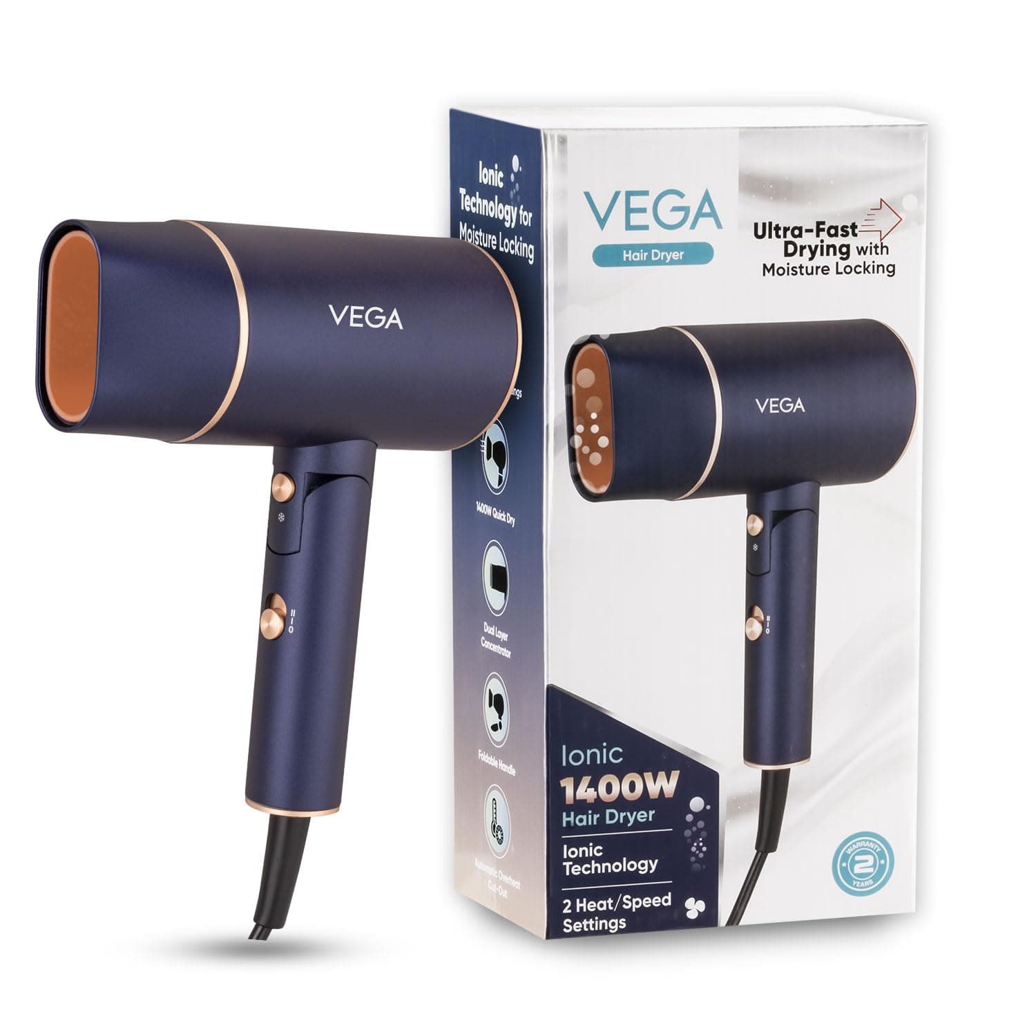 Vega Ionic 1200-1400W Foldable Hair Dryer for Men and Women, Quick & Fast Drying with Ionic Technology & 2 Heat/Speed Settings (Low & High), Cool Shot Button, Detachable Nozzle, Blow Dryer (VHDH-35)
