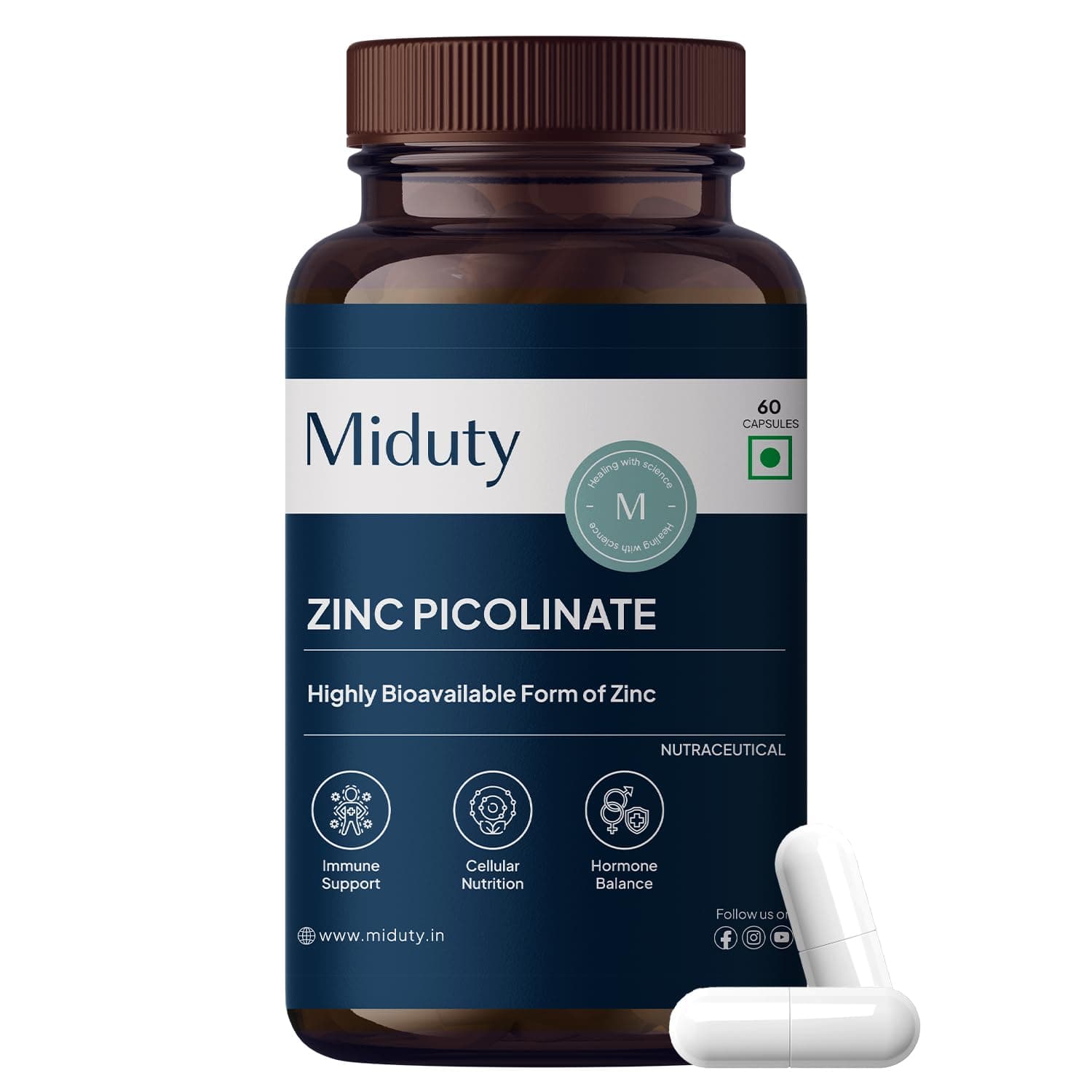 Miduty Zinc Picolinate 50 mg - High-Absorption Chelated Zinc Supplement - Immune Support, Skin & Hair Health - Supports overall wellness, Muscle Strength & Metabolism- For Men & Women - 60 Capsules