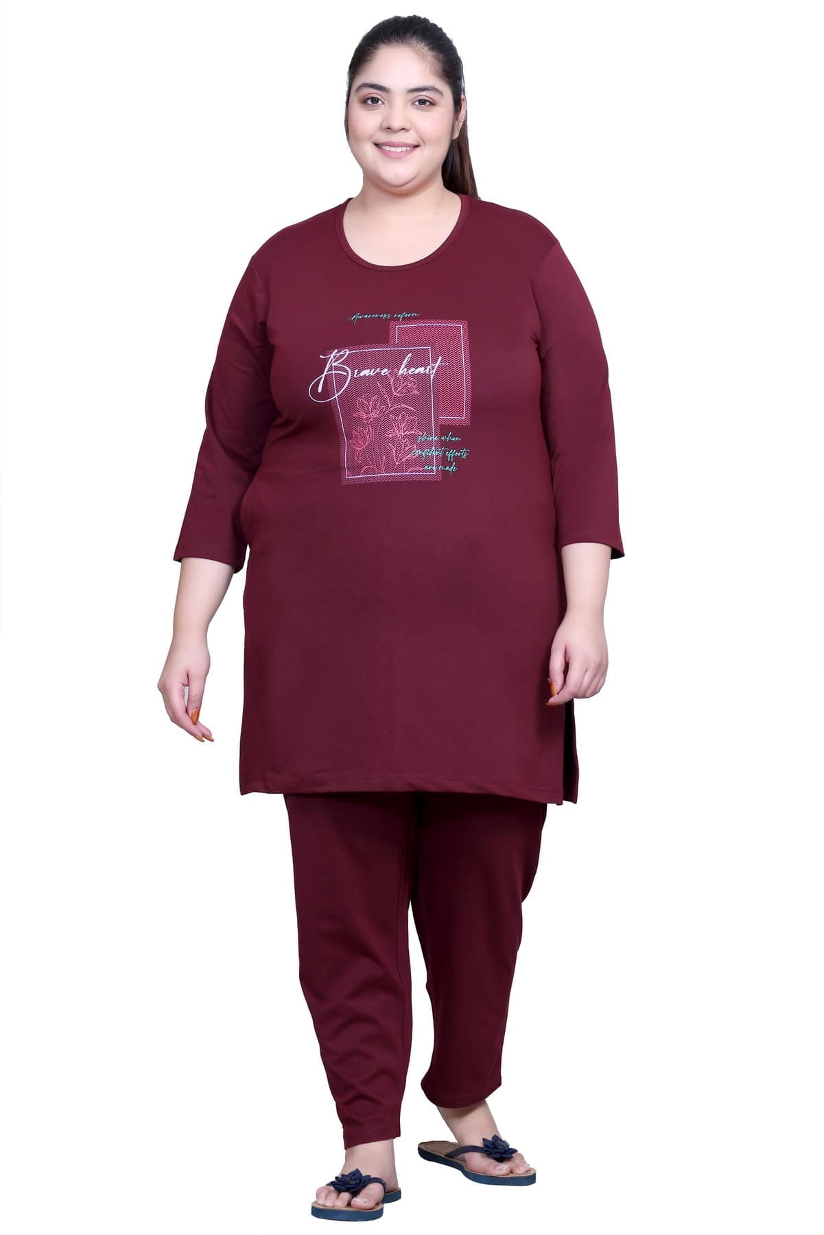 RYSH Women's Plus Size Printed Long Top | Round Neck | Half Sleeve | Relaxed Fit Casual Tunic | Wine Dark | 2XL