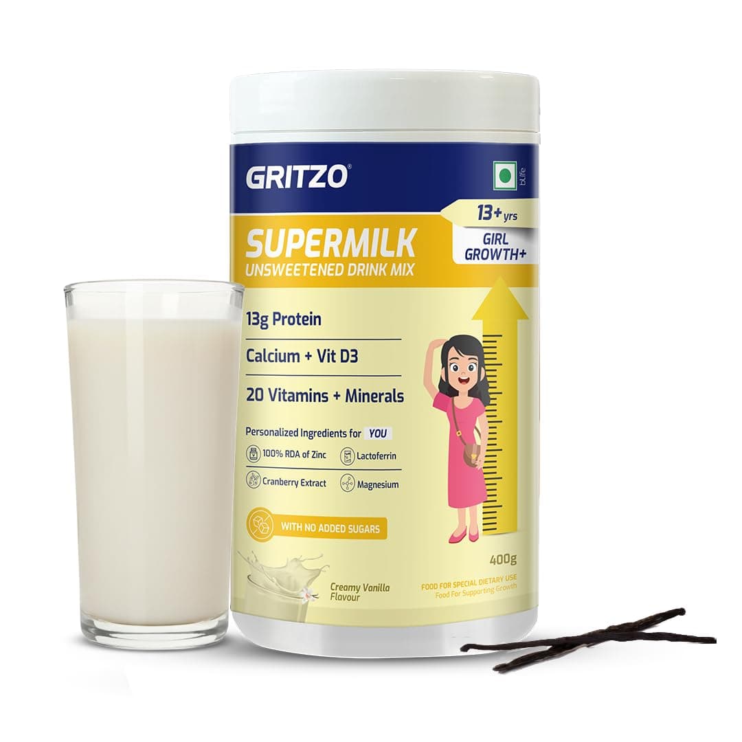 Gritzo SuperMilk Growth+ Unsweetened (13+ Girl), Creamy Vanilla, 400g