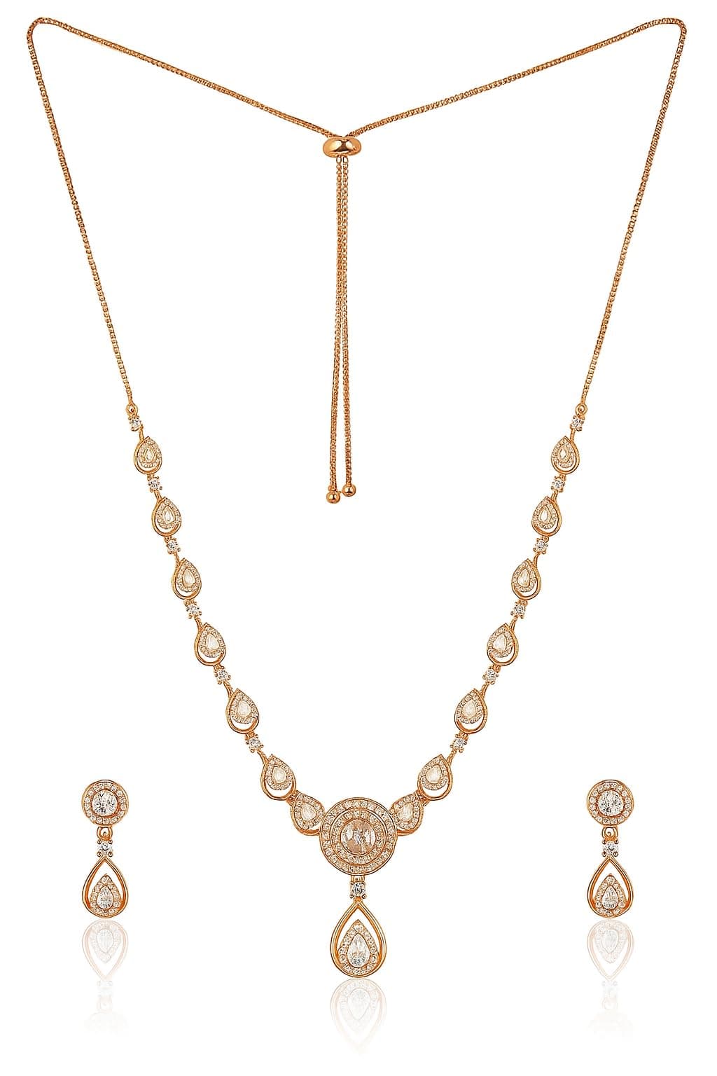 Nilu's Collection Stylish 18k Rose Gold Plated American Diamond Chain Pendent Necklace & Earrings Set for Women | Luxury AD Pendant Gift Set for Women (Premium Set 1) (Rose Gold)