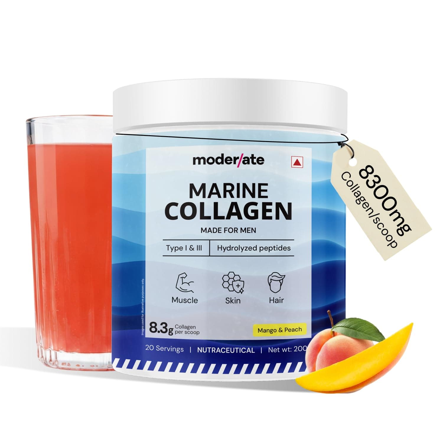 Moderate Marine Collagen Powder for Men, Type 1 & 3 Hydrolyzed Peptides with Glutathione, Vitamin C, Hyaluronic Acid, Biotin, Mango Peach Flavour, Add to Whey Shake or Any Drink, 200g