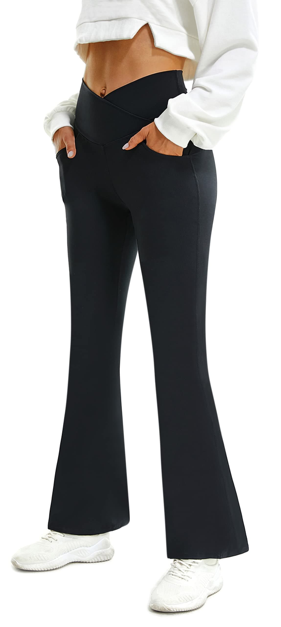 FireSwan Womens Crossover Flare Leggings with Pockets Bootcut High Waisted Yoga Pants Tummy Control Gym Workout Work Pants, Black, Medium