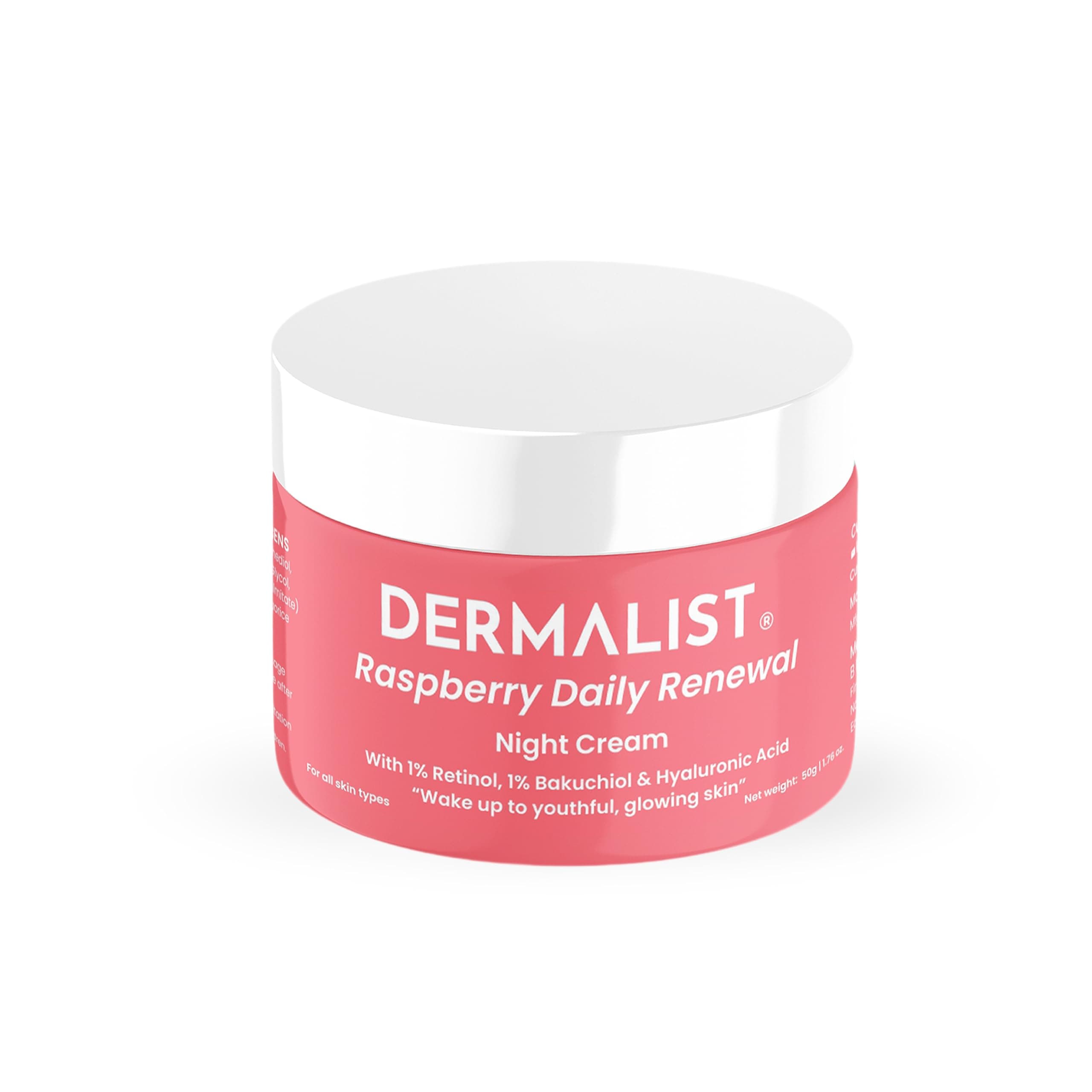 Dermalist Raspberry Daily Renewal Anti Ageing Night Cream | 1% Retinol, 1% Bakuchi Oil & Hyaluronic Acid | Reduces Fine Lines & Wrinkles | Men & Women | 50 gm