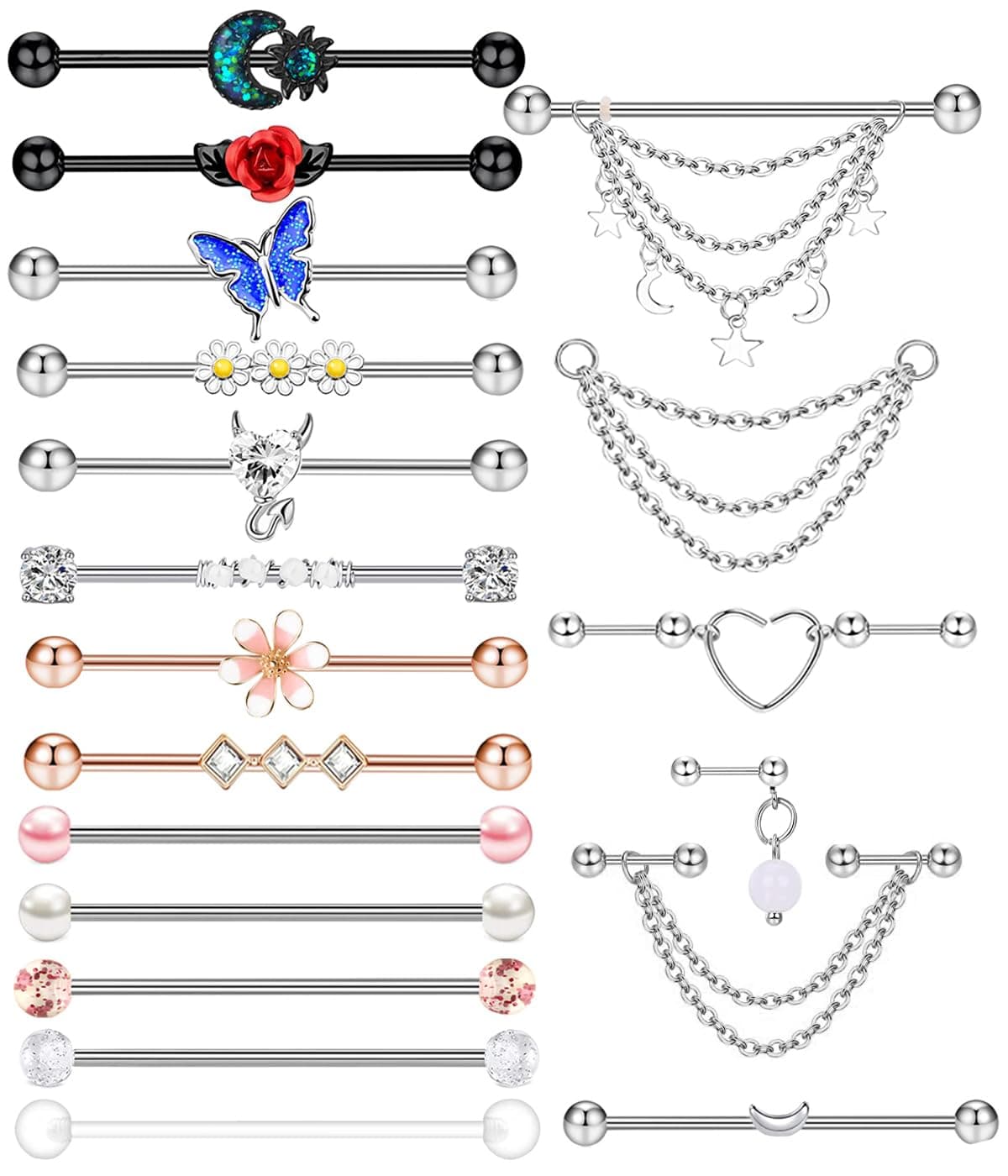 Suotarn 14G Industrial Piercing Jewelry For Women Men Stainless Steel 38 Industrial Barbell Long Cartilage Helix Conch Earrings Stud 14G Gauges Industrial Jewelry Butterfly Heart Cool 7-18pcs, Metal