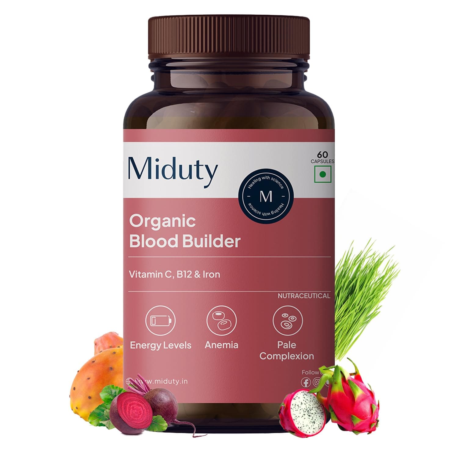 Miduty Organic Blood Builder Anemia Supplement with Green Amla, Barley Leaves, Beet Root to Support Iron Deficiency | Hemoglobin Booster & Non Constipating Iron Supplement - 60 Capsules